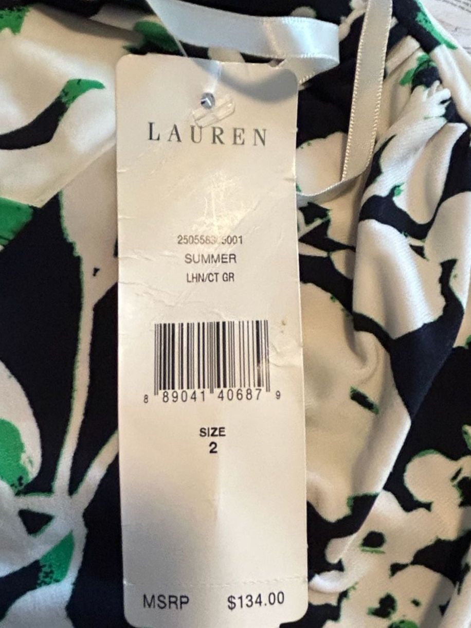 Lauren Ralph Lauren Floral Dress Size 2 Black White Green V-Neck Ruched 6