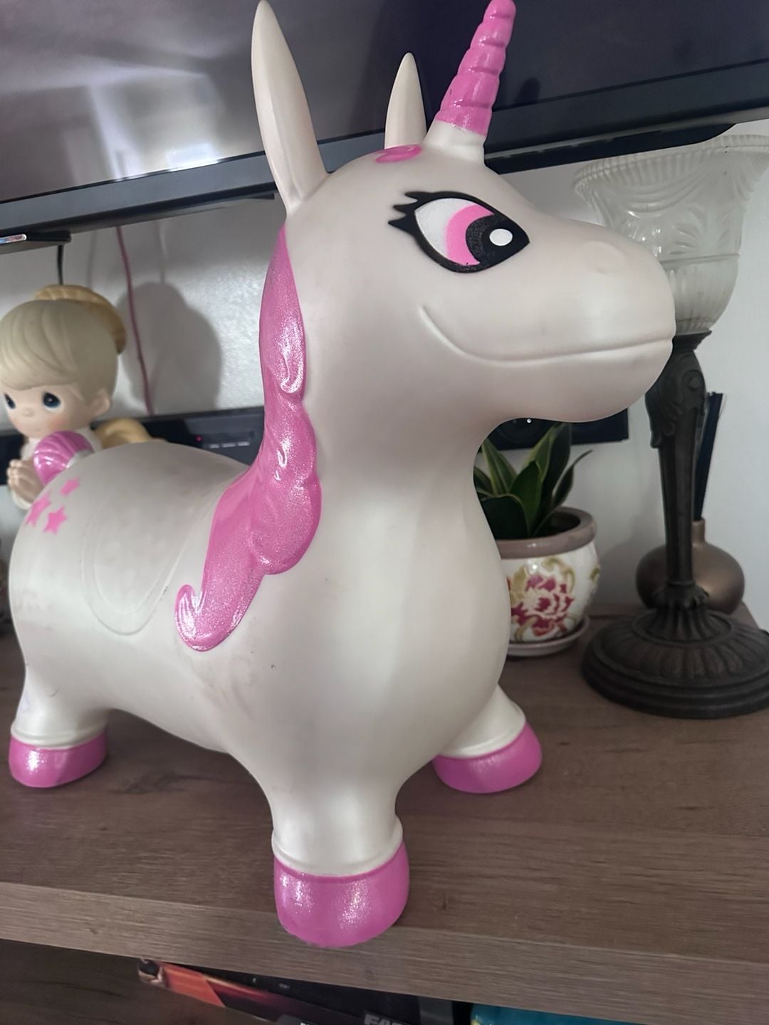 Unicorn Hopper Inflatable Bouncy Toy Pink White 2