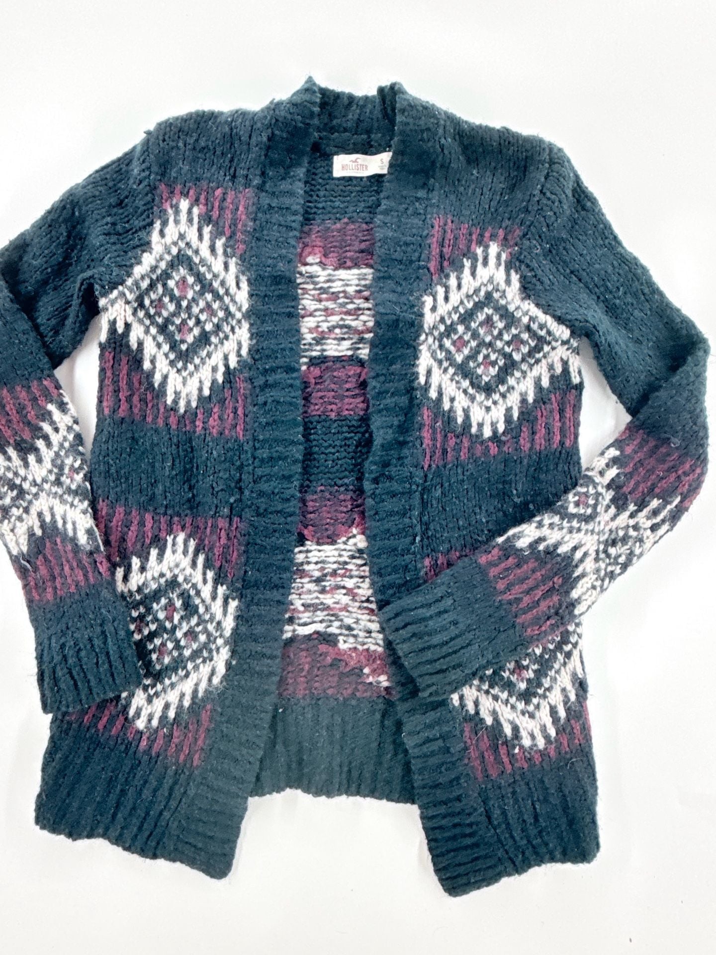 Hollister Aztec Open Front Cardigan Size S Dark Green Wool Blend 2