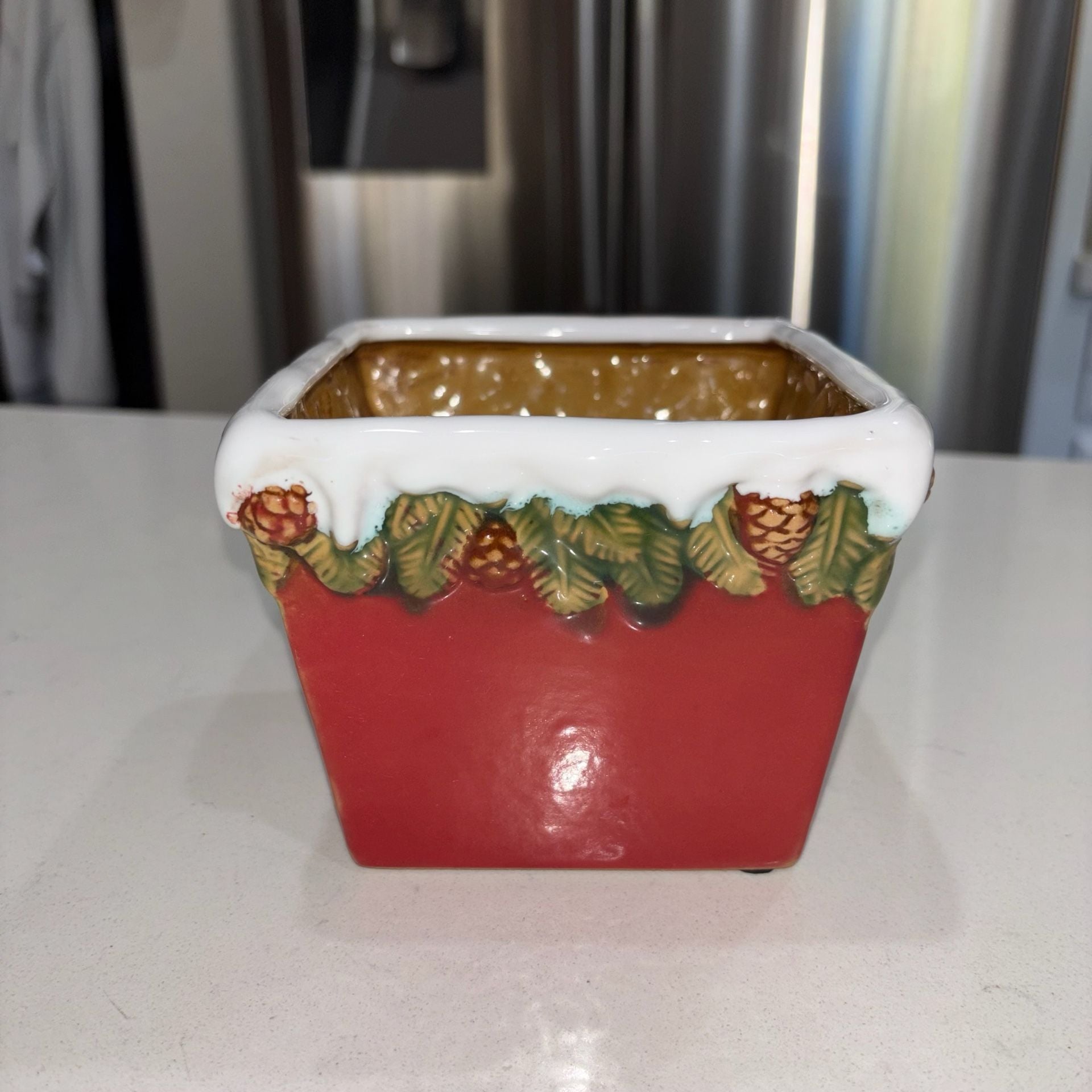 Vintage Ceramic Christmas Snow Pine Cone Small Planter Pot 2