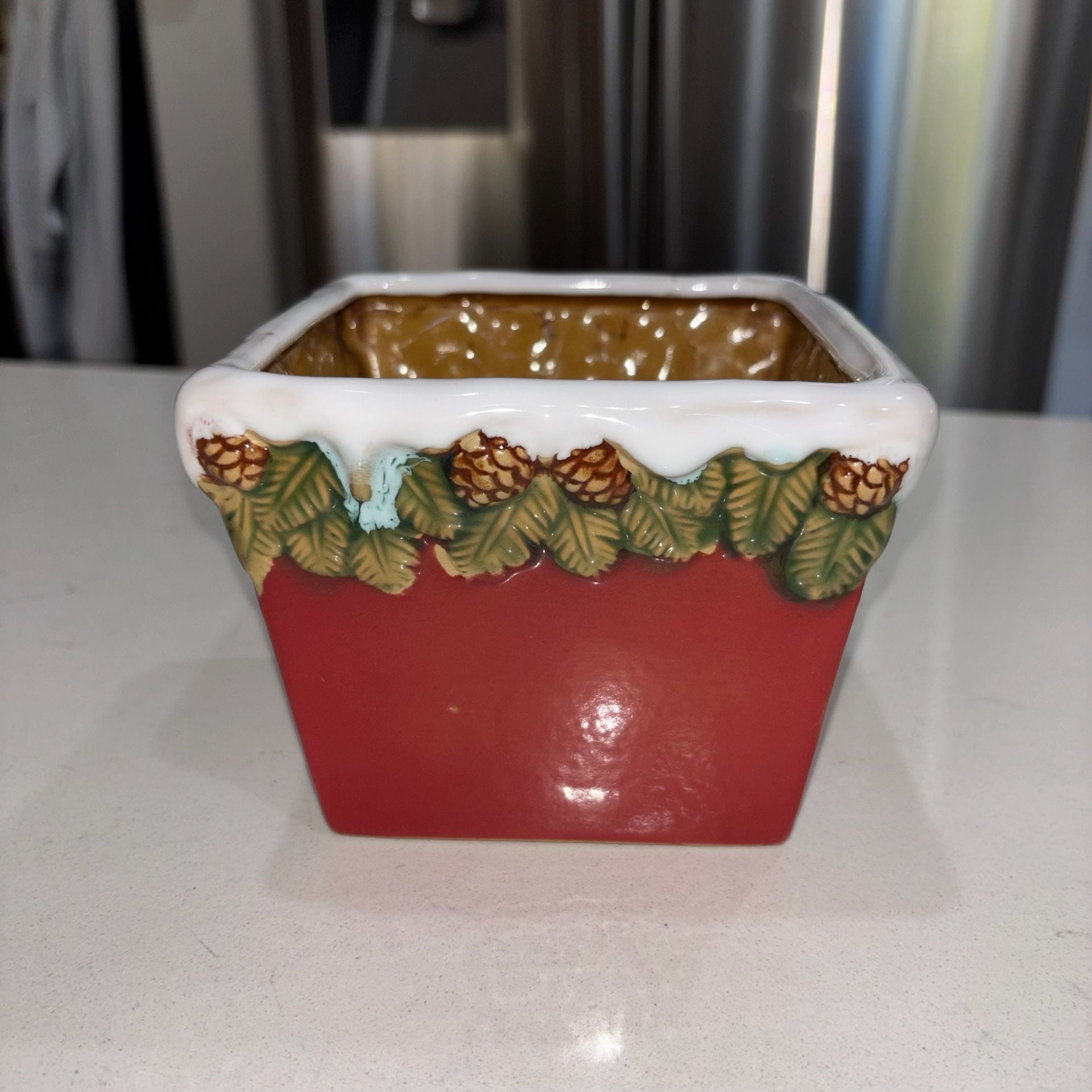 Vintage Ceramic Christmas Snow Pine Cone Small Planter Pot 3