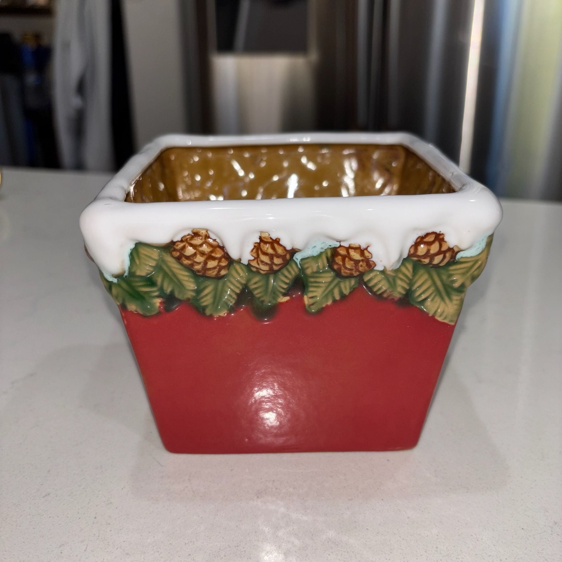 Vintage Ceramic Christmas Snow Pine Cone Small Planter Pot 4