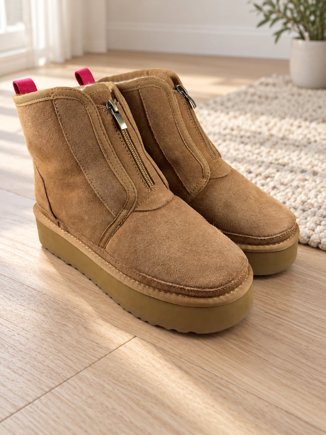 UGG Neumel Zip Platform Boots Chestnut Suede Sheepskin Women’s Size 8 2