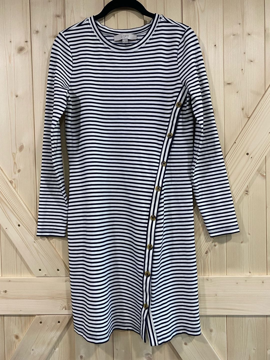 Loft Striped Button Detail Dress Size XS Navy White Long Sleeve 2
