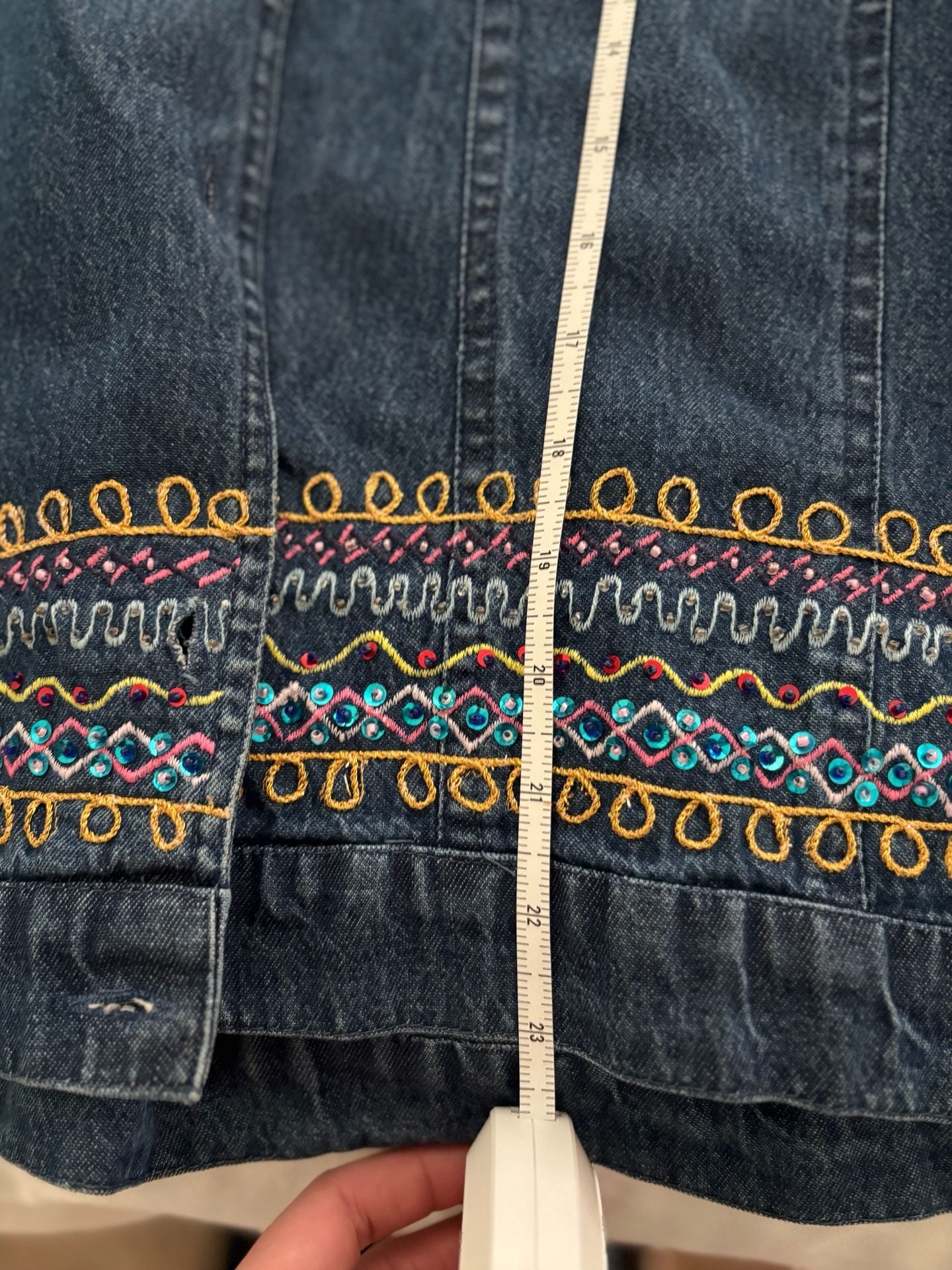 Agapo Denim Jacket Blue Embroidered Beaded Bohemian 11