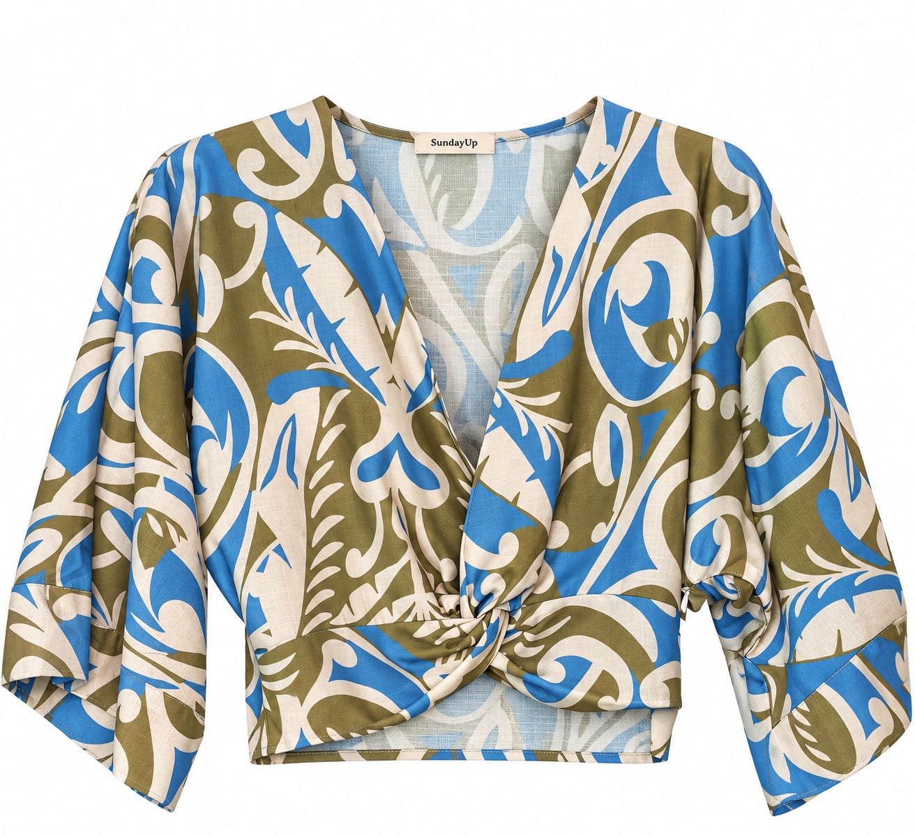 SundayUp Crop Top Size S Blue Olive Green Abstract V-Neck 2