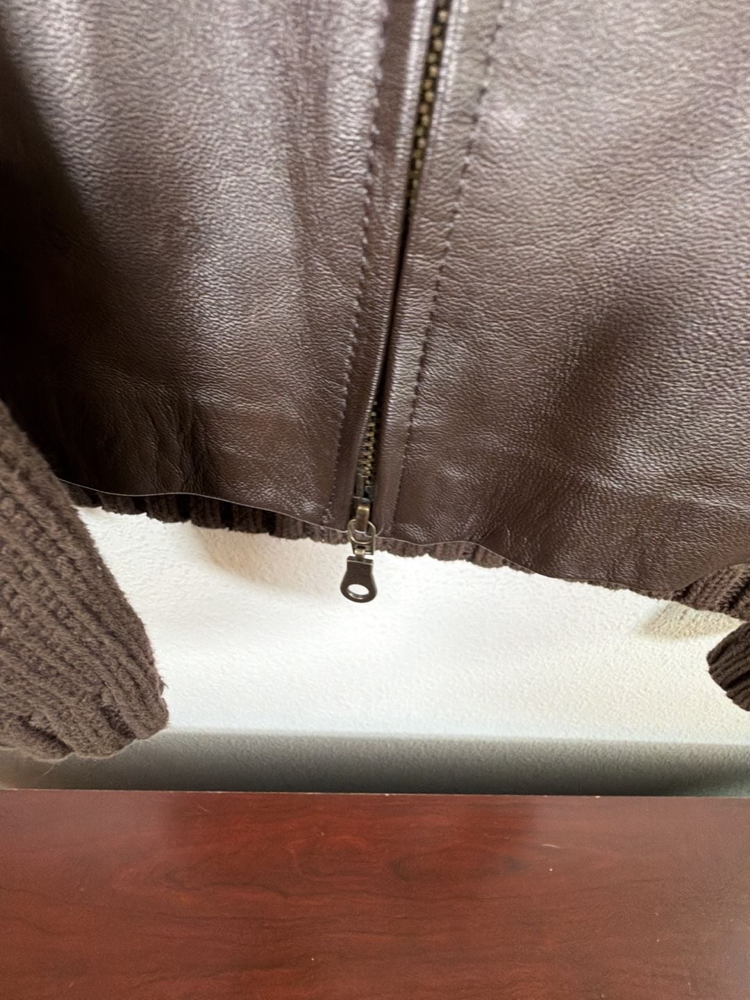 Maurice Sasson Leather Knit Sweater Jacket Size S Brown Full Zip 7