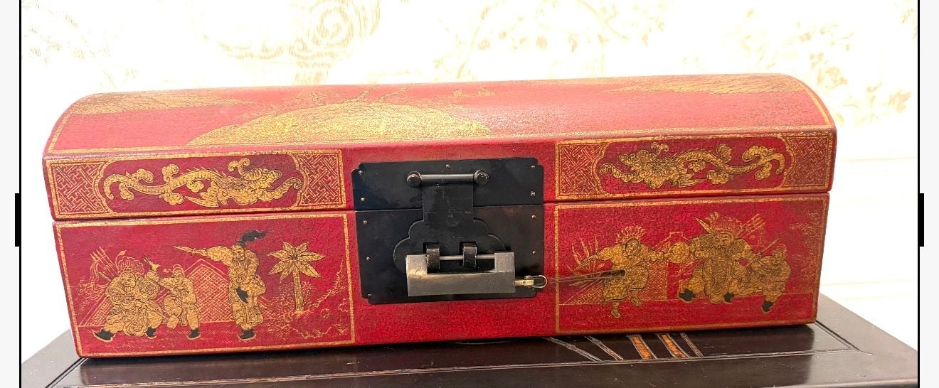 Antique Chinese Red And Gilt Leather Scroll Document Box Chest 1