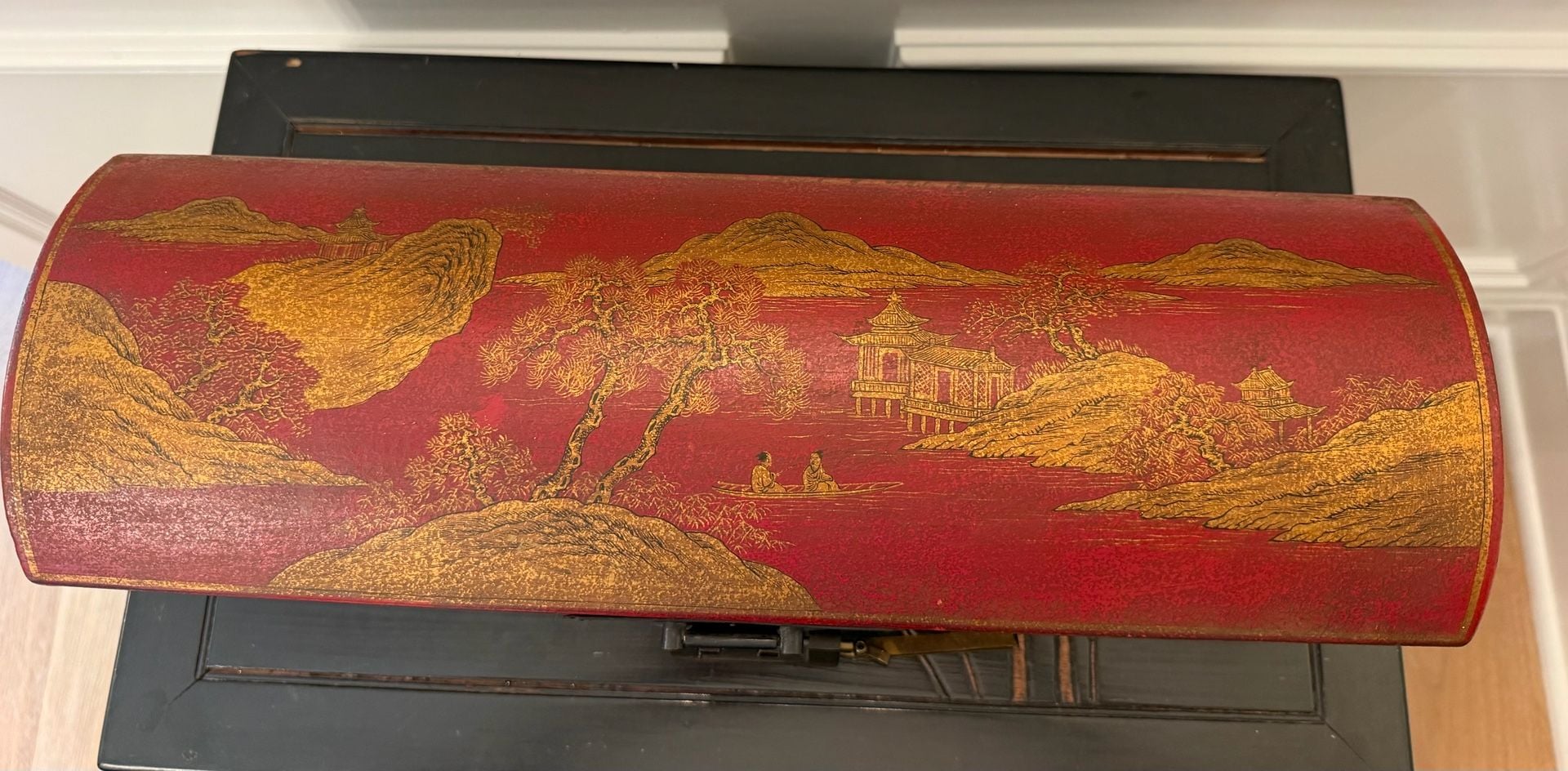 Antique Chinese Red And Gilt Leather Scroll Document Box Chest 4
