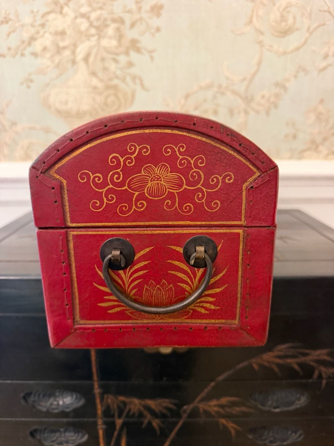 Antique Chinese Red And Gilt Leather Scroll Document Box Chest 5