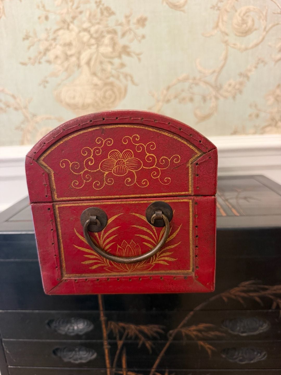 Antique Chinese Red And Gilt Leather Scroll Document Box Chest 9