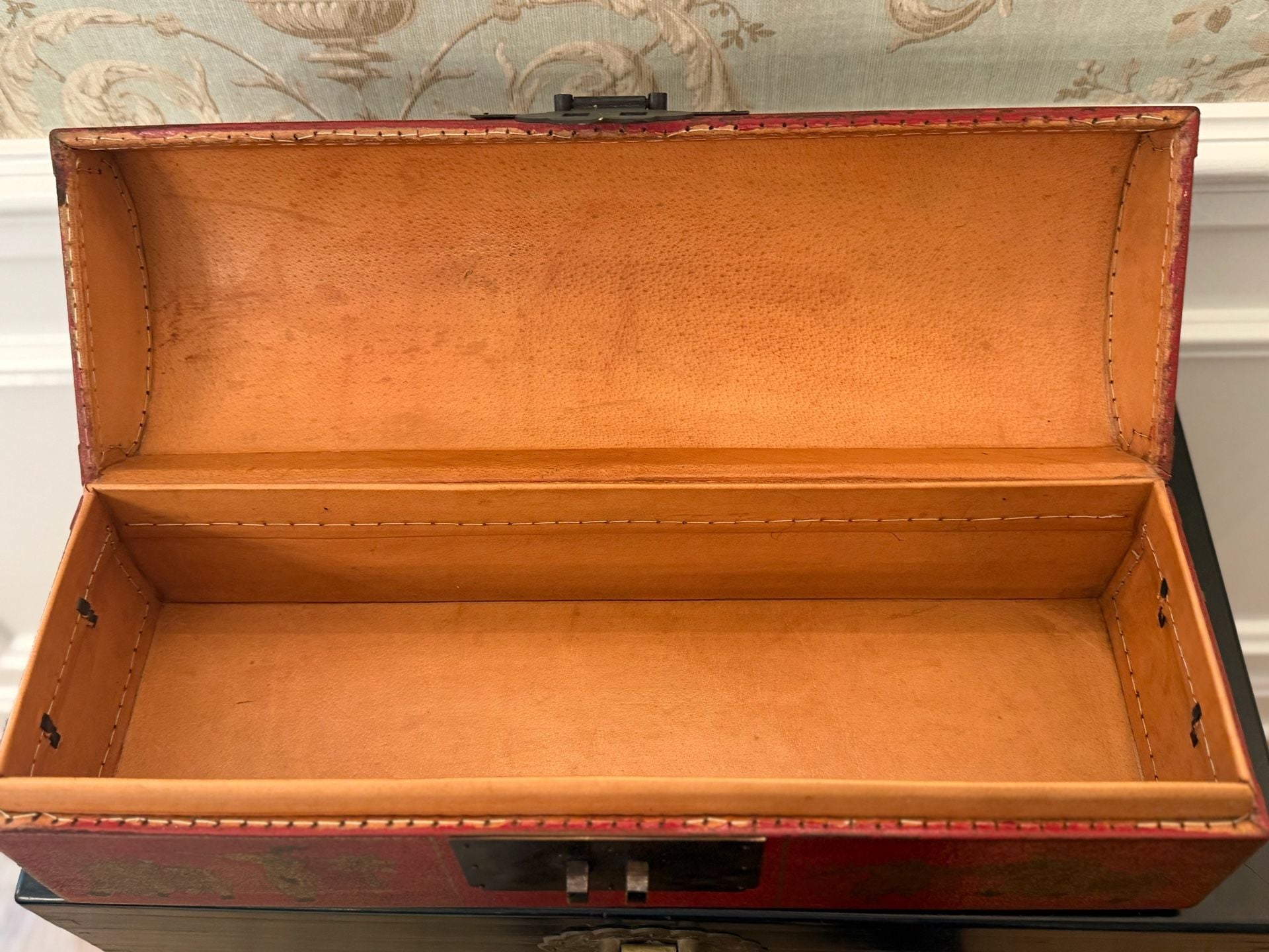 Antique Chinese Red And Gilt Leather Scroll Document Box Chest 11
