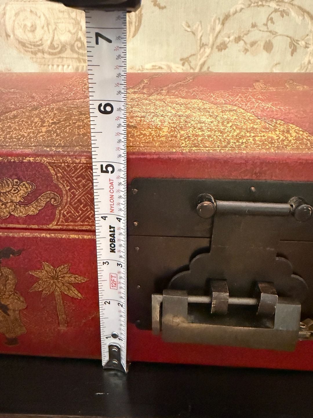 Antique Chinese Red And Gilt Leather Scroll Document Box Chest 12