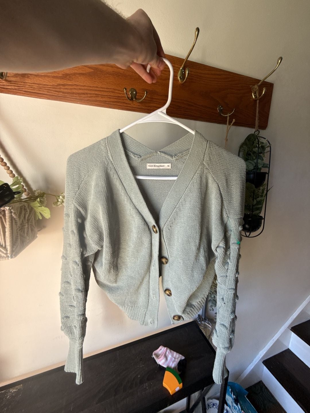 Cute Fall 🍁 Cardigan Size M Green Pom Pom Knit 6