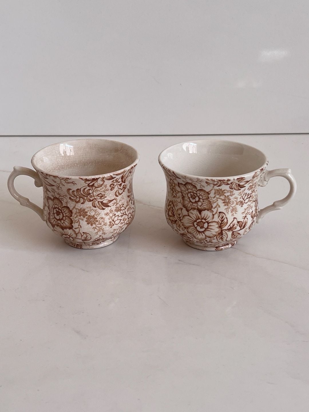 James Kent Old Foley Staffordshire Brown Transferware Tea Cup Pair 1