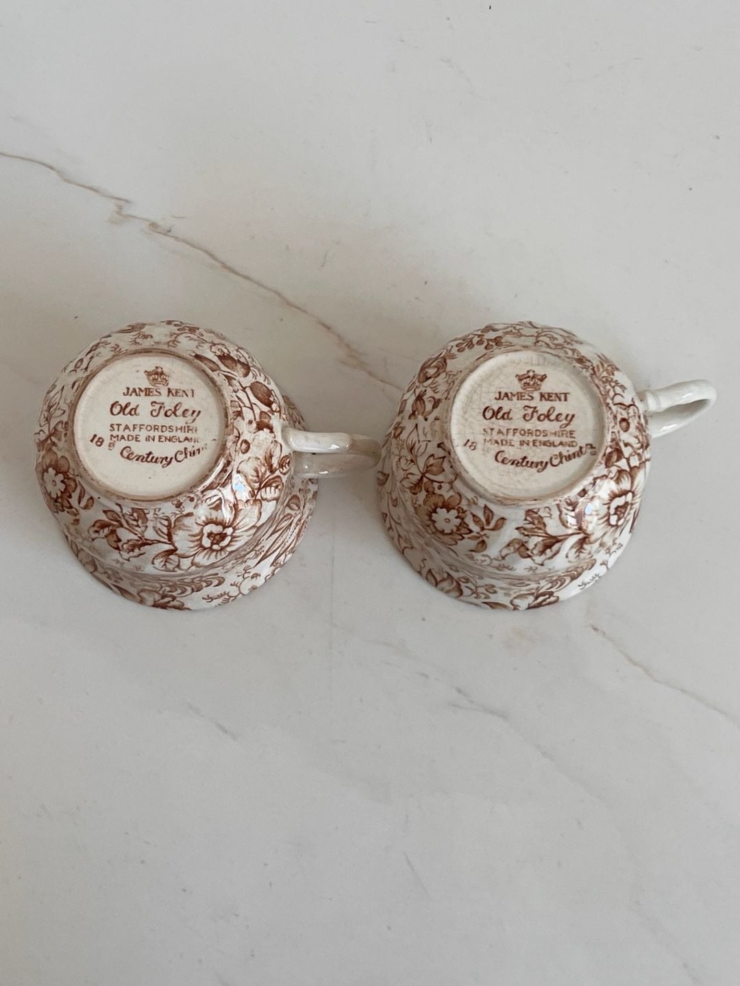 James Kent Old Foley Staffordshire Brown Transferware Tea Cup Pair 8