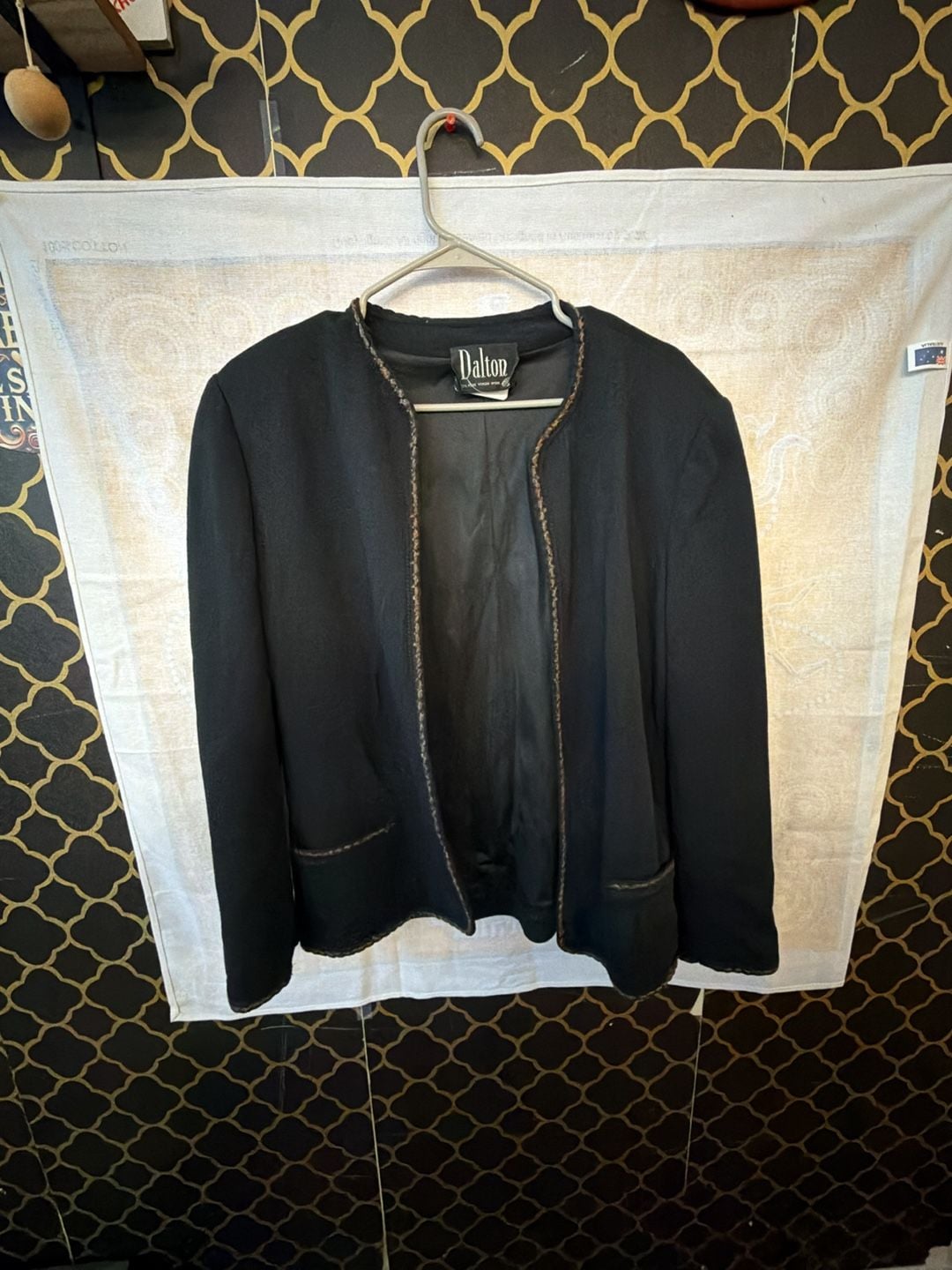 Dalton Open Front Knit Jacket Black 100% Virgin Wool Trimmed Pockets 2
