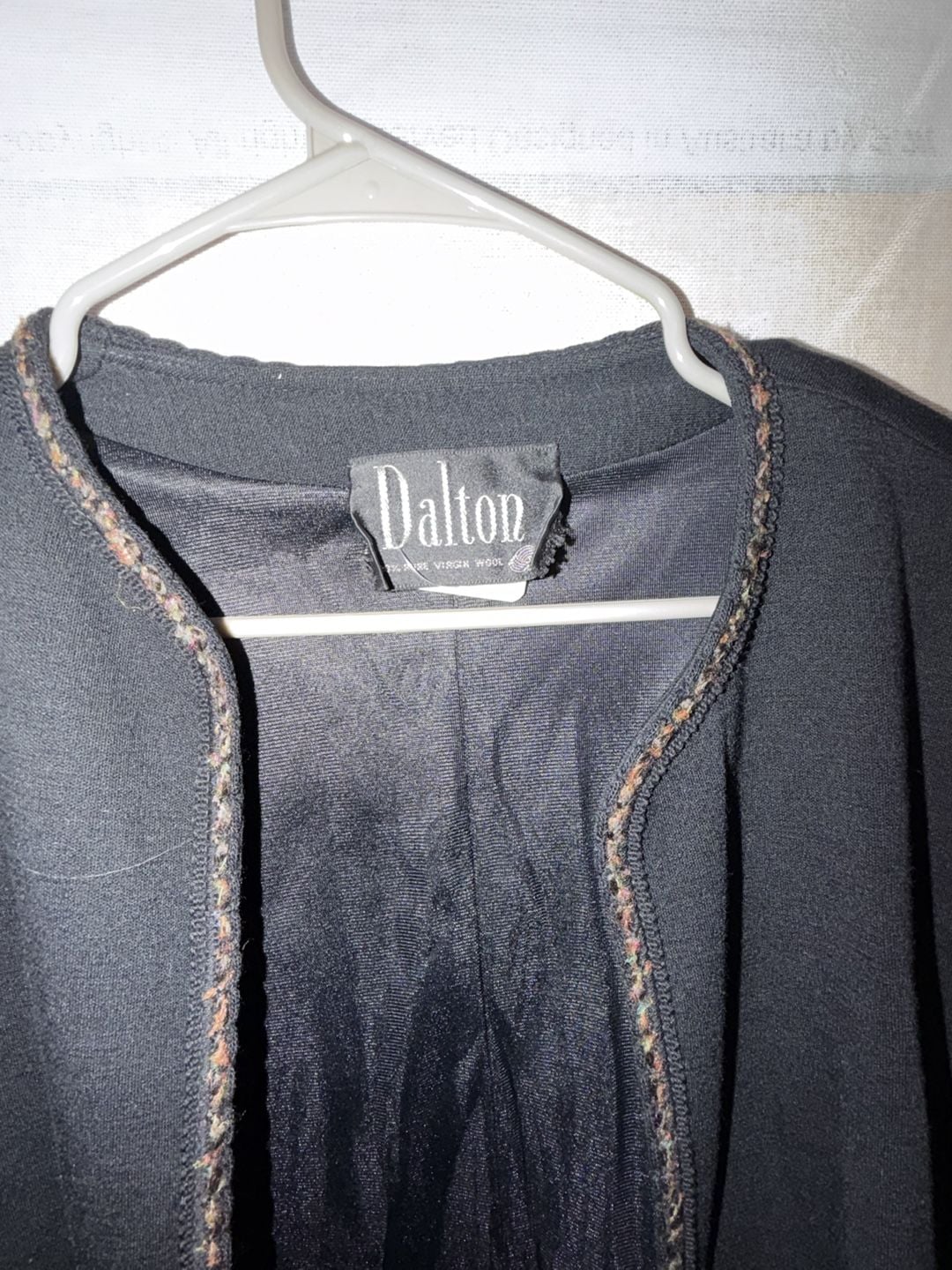Dalton Open Front Knit Jacket Black 100% Virgin Wool Trimmed Pockets 3