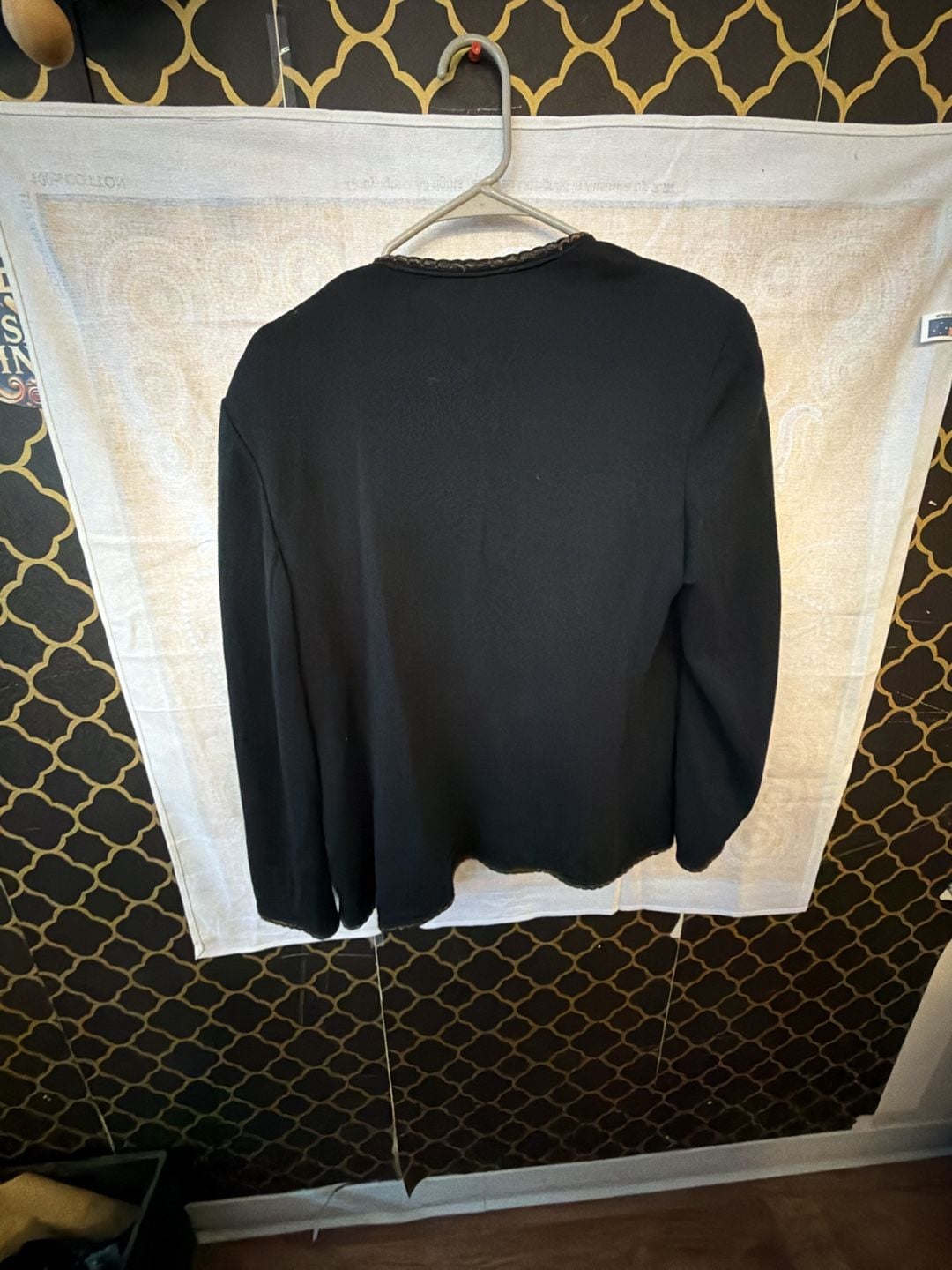 Dalton Open Front Knit Jacket Black 100% Virgin Wool Trimmed Pockets 5