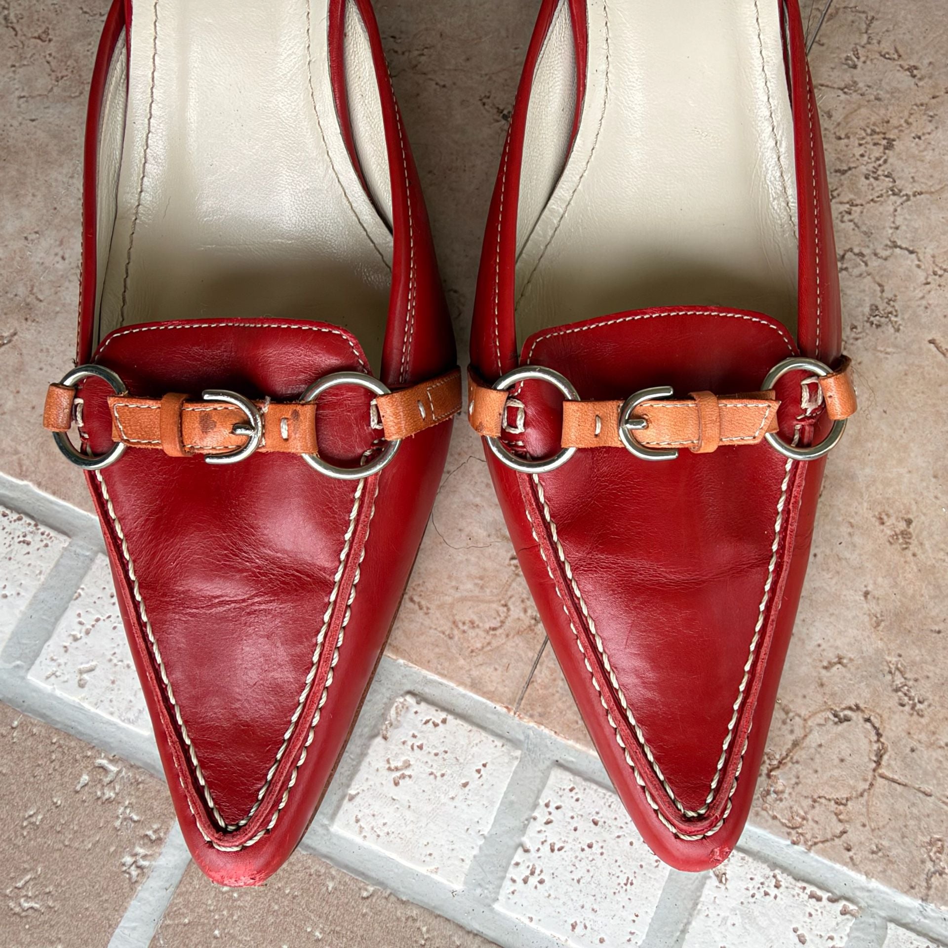Vintage Y2K Coach Italian Red Leather Pointed Toe Kitten Heel Mules Buckle Strap Size 8.5B 4