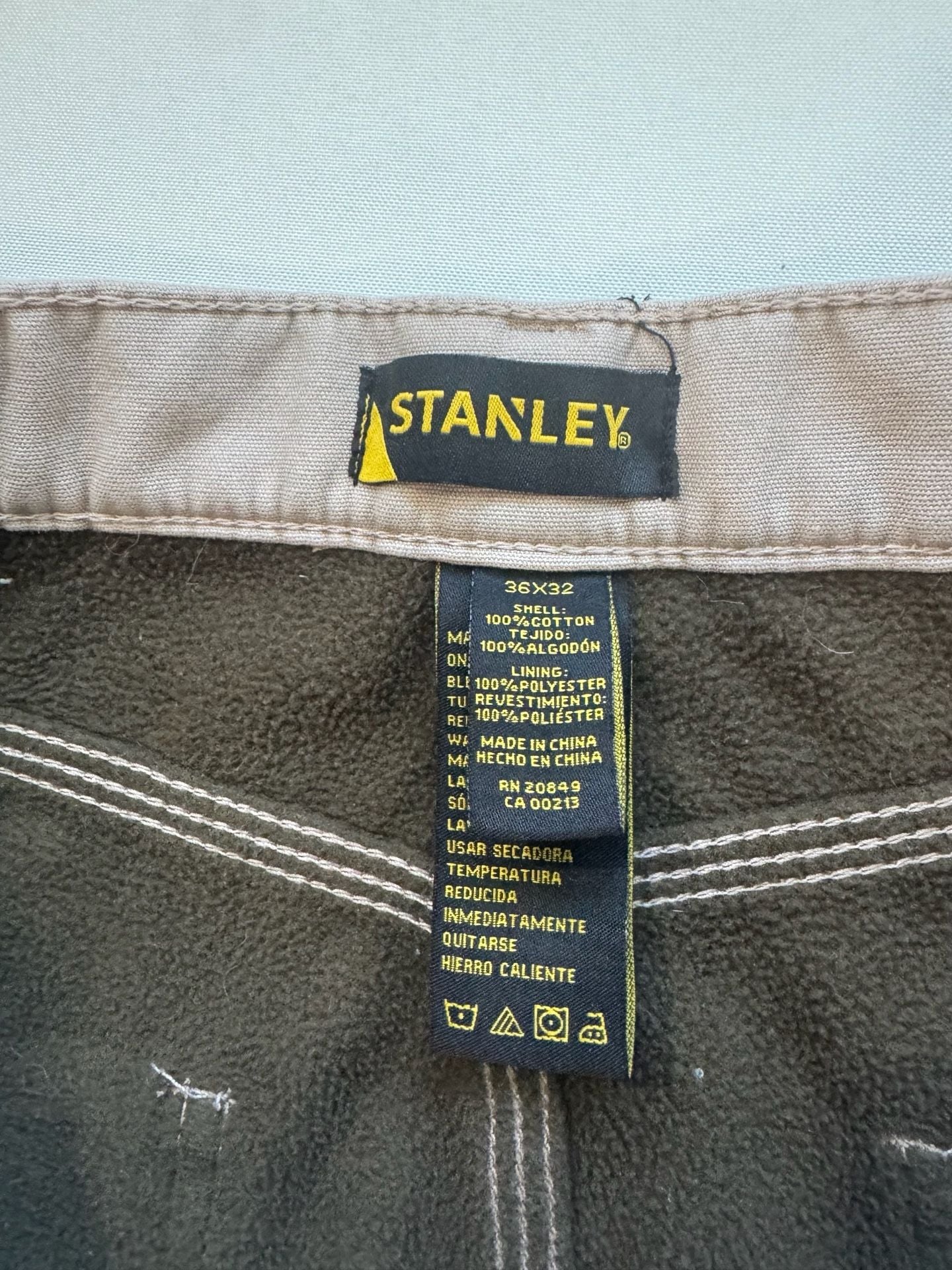 Stanley Fleece Lined Workwear Carpenter Utility Pants Tan Men’s 36x32 3