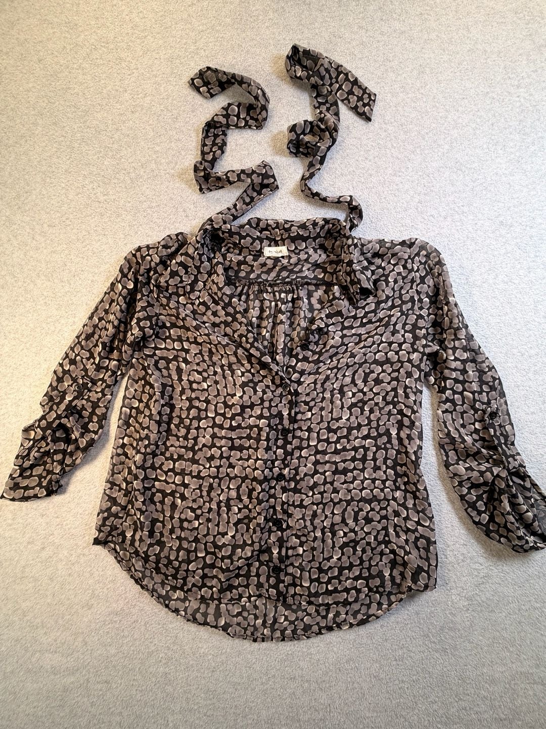 teenbell Button Down Blouse Size S Black Grey Print Tie Neck Sheer 2
