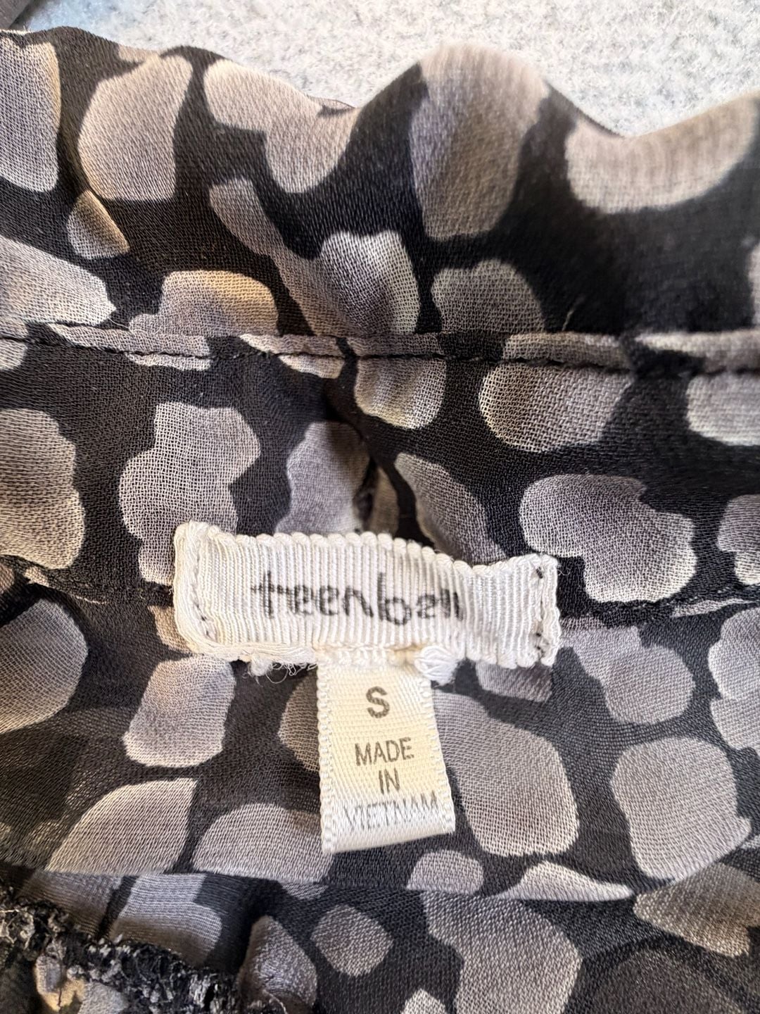 teenbell Button Down Blouse Size S Black Grey Print Tie Neck Sheer 3