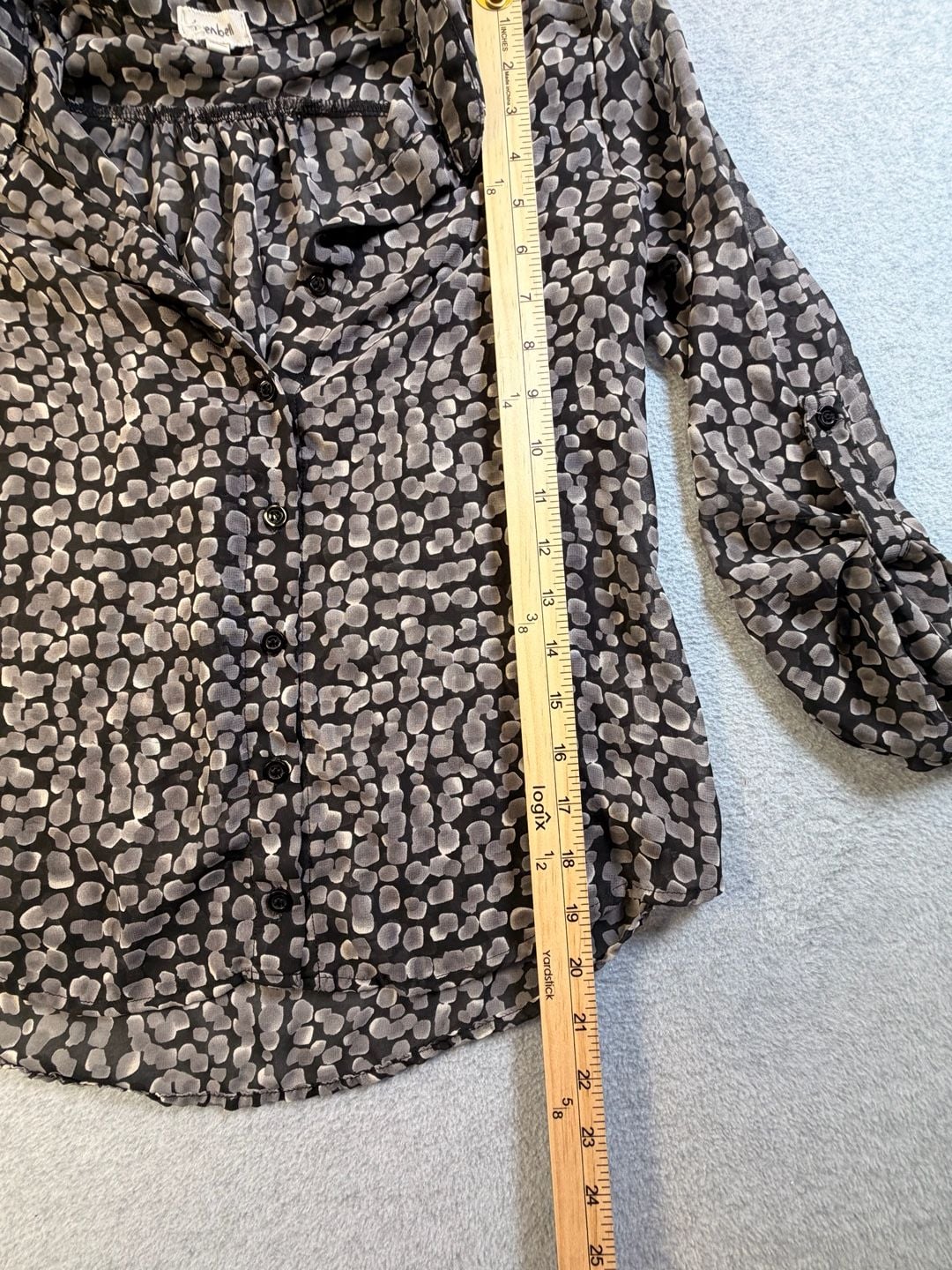 teenbell Button Down Blouse Size S Black Grey Print Tie Neck Sheer 5