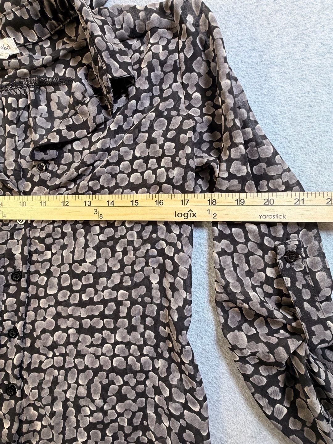 teenbell Button Down Blouse Size S Black Grey Print Tie Neck Sheer 6