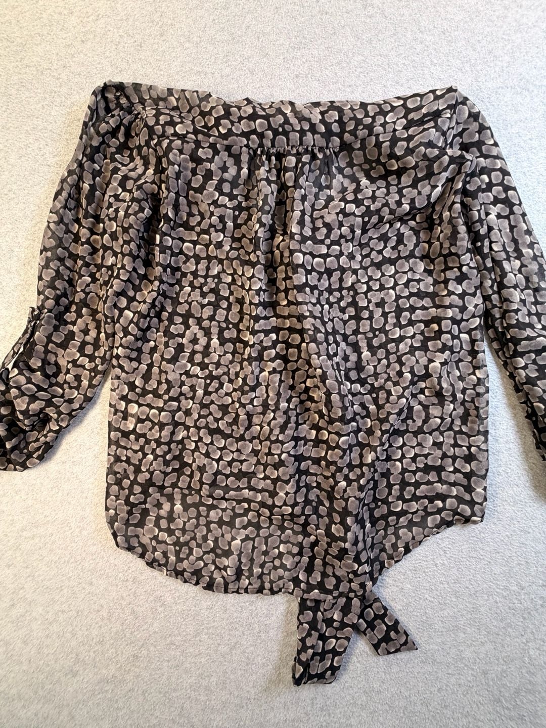 teenbell Button Down Blouse Size S Black Grey Print Tie Neck Sheer 8