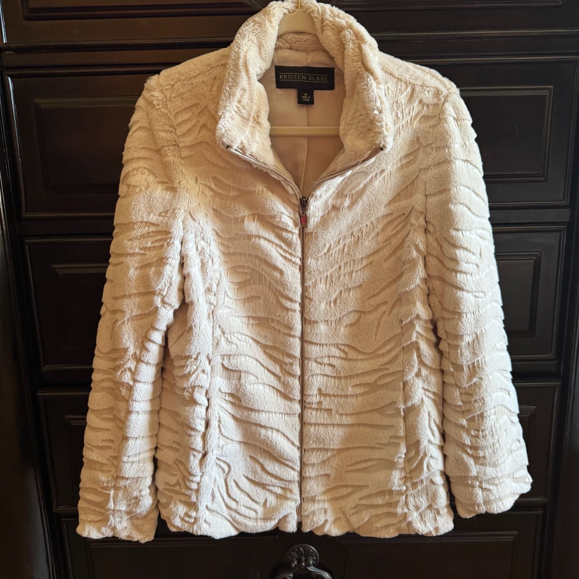 Kristen Blake Women’s M Faux Fur Jacket Tan Cream Animal Print Full Zip Coat 3