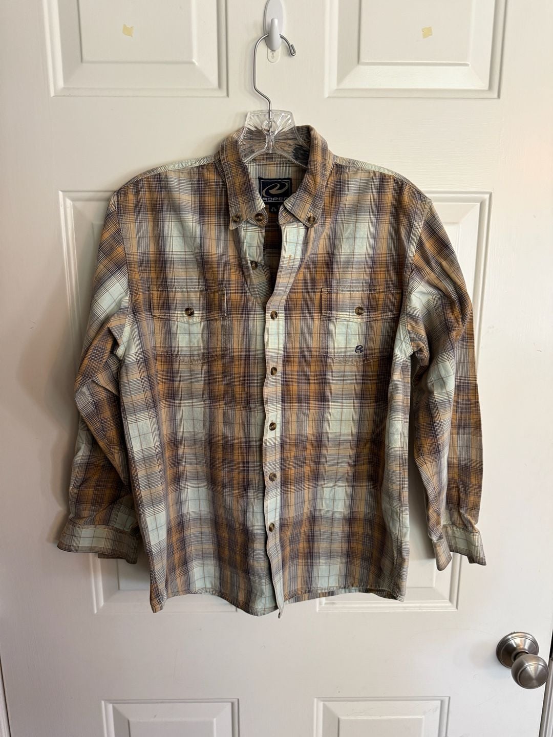 Roper Plaid Button-Down Shirt Size XL 16-18 Brown Tan Long Sleeve Cotton 2