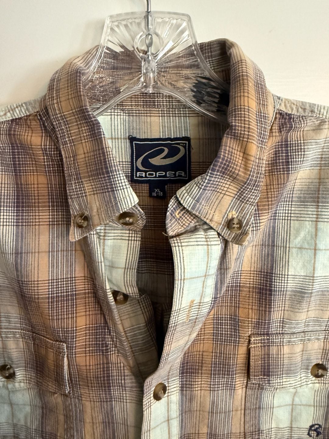 Roper Plaid Button-Down Shirt Size XL 16-18 Brown Tan Long Sleeve Cotton 4