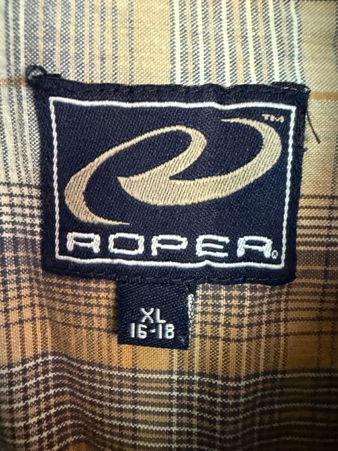 Roper Plaid Button-Down Shirt Size XL 16-18 Brown Tan Long Sleeve Cotton 6
