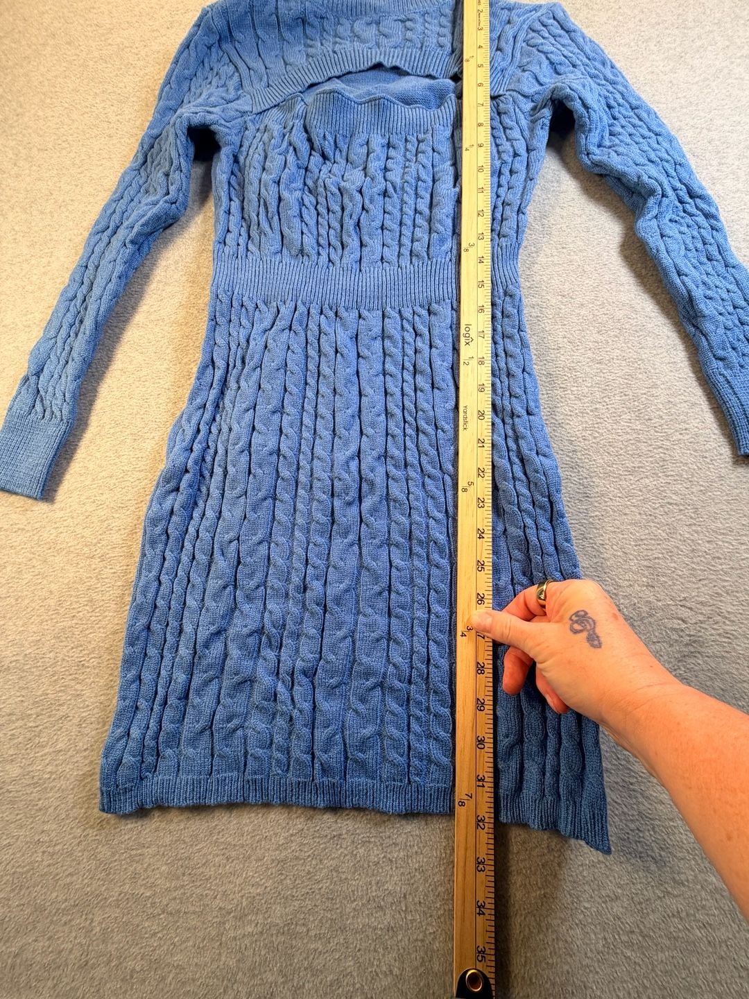 Cable Knit Sweater Dress Blue Cut Out Mini 4