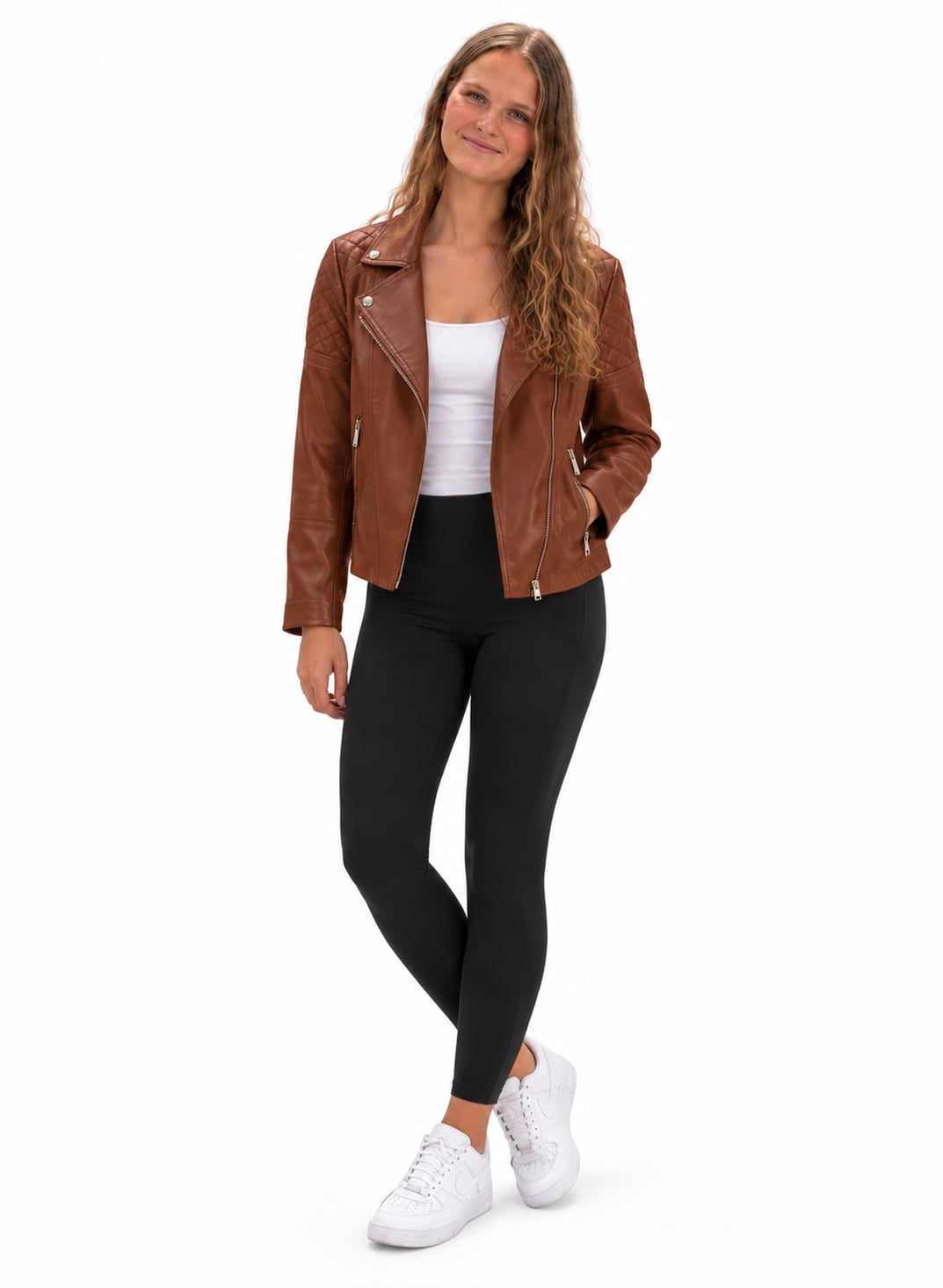 New York & Company Biker Jacket Size S Brown Faux Leather Quilted Moto 2