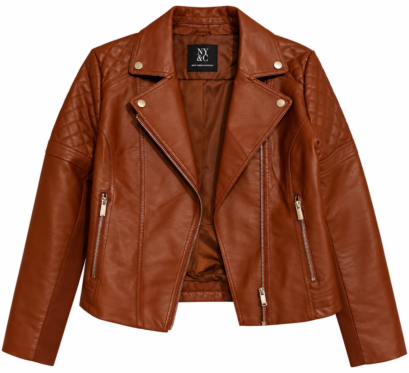 New York & Company Biker Jacket Size S Brown Faux Leather Quilted Moto 3