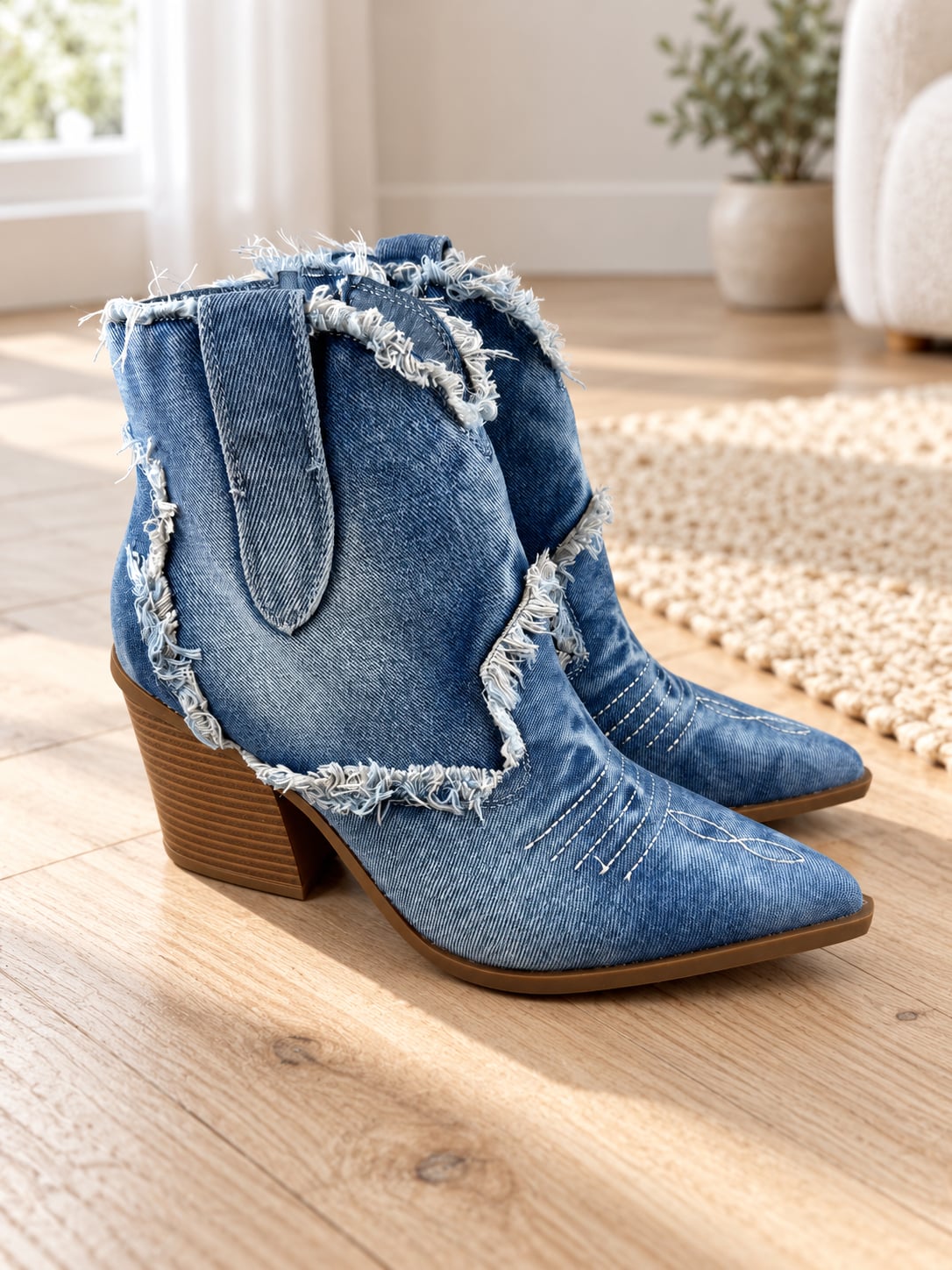 HGUIGJ Denim Western Ankle Boots Blue Frayed Pointed Toe Block Heel EU 39 2