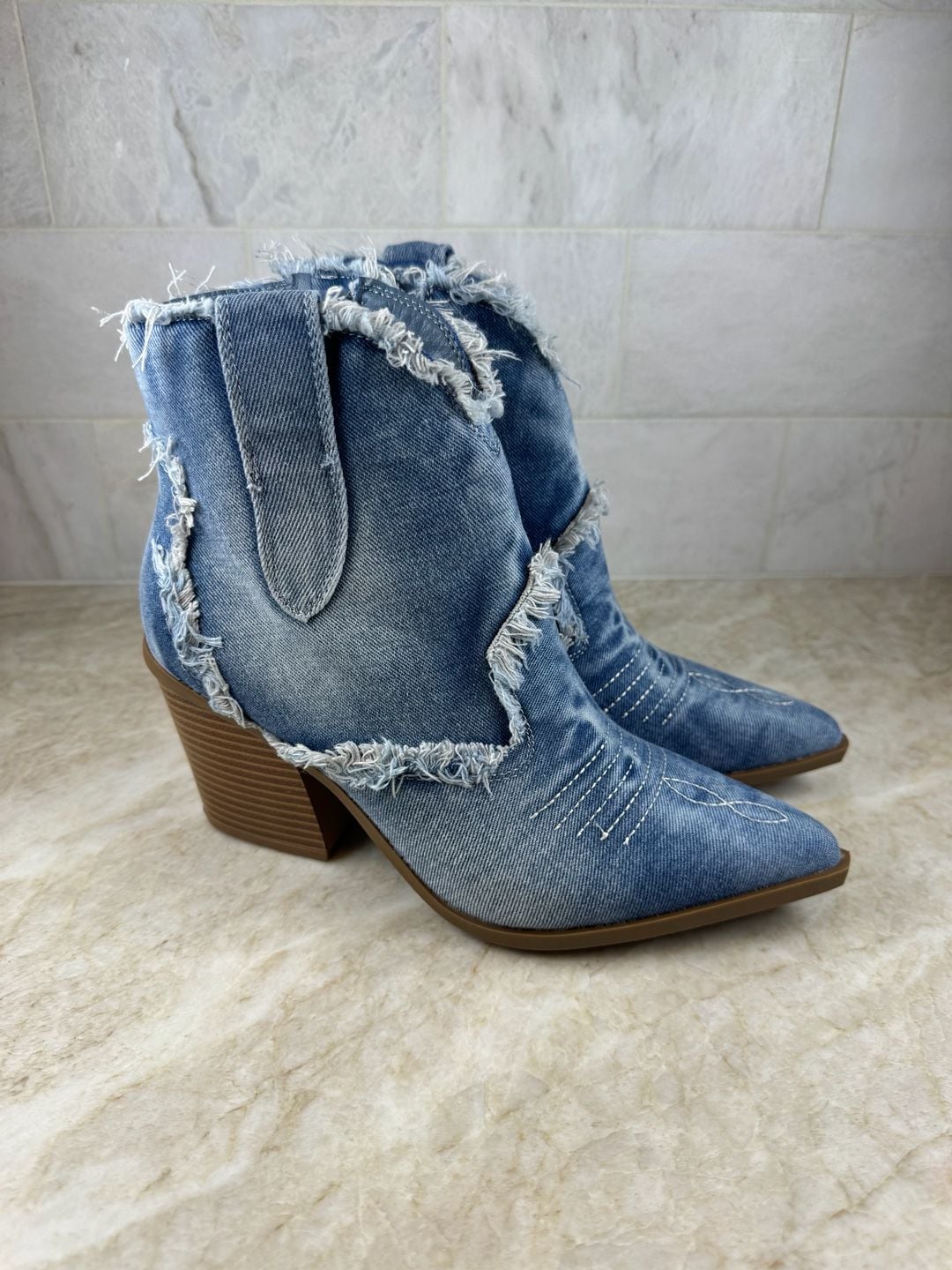 HGUIGJ Denim Western Ankle Boots Blue Frayed Pointed Toe Block Heel EU 39 3