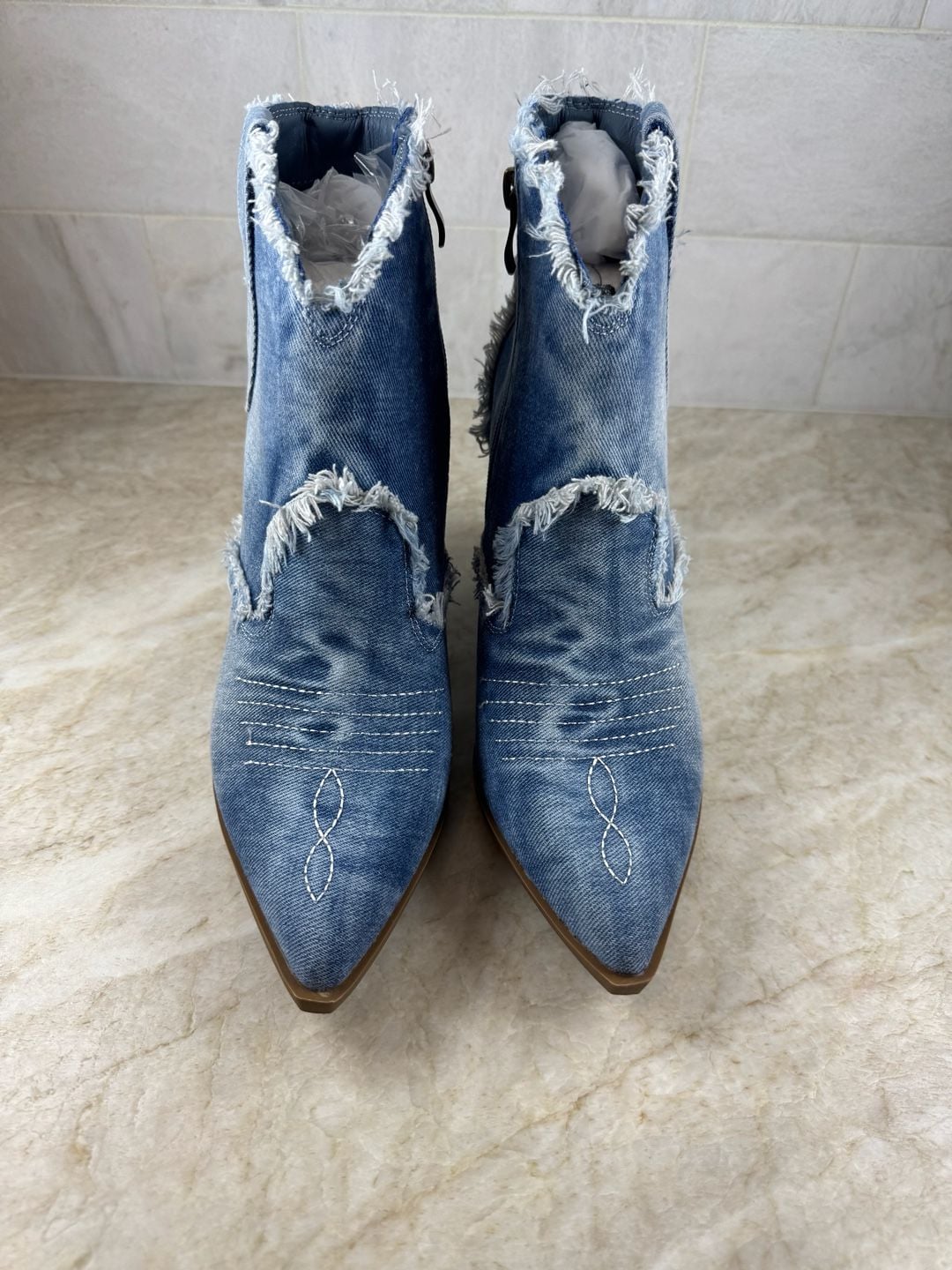 HGUIGJ Denim Western Ankle Boots Blue Frayed Pointed Toe Block Heel EU 39 4
