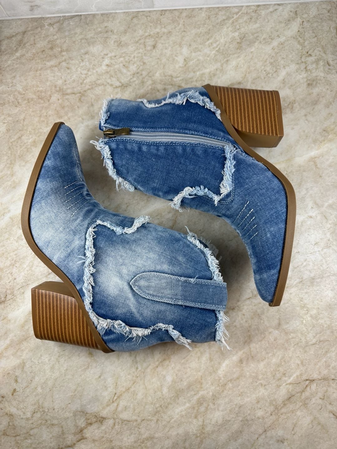 HGUIGJ Denim Western Ankle Boots Blue Frayed Pointed Toe Block Heel EU 39 5