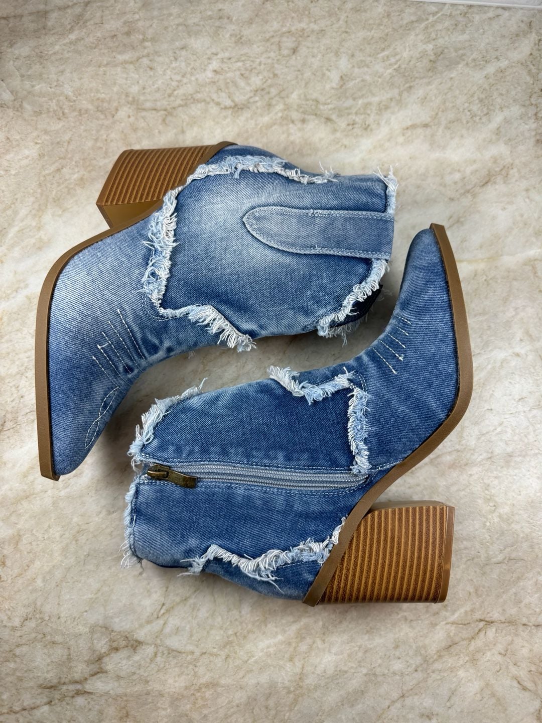 HGUIGJ Denim Western Ankle Boots Blue Frayed Pointed Toe Block Heel EU 39 6