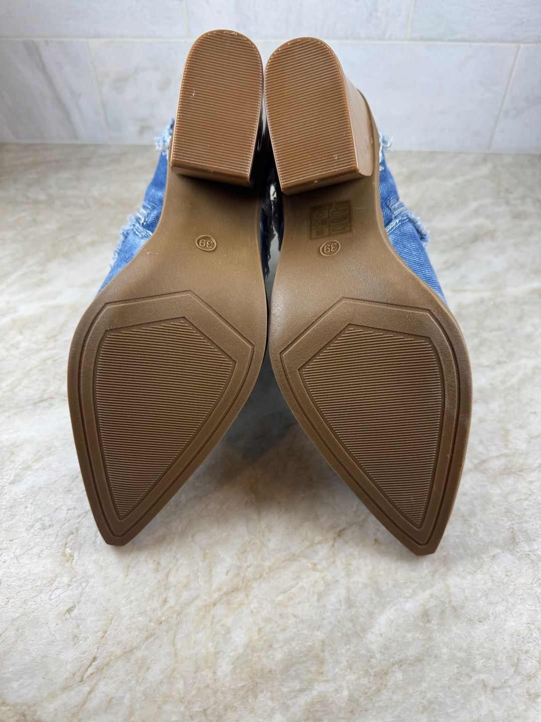HGUIGJ Denim Western Ankle Boots Blue Frayed Pointed Toe Block Heel EU 39 7