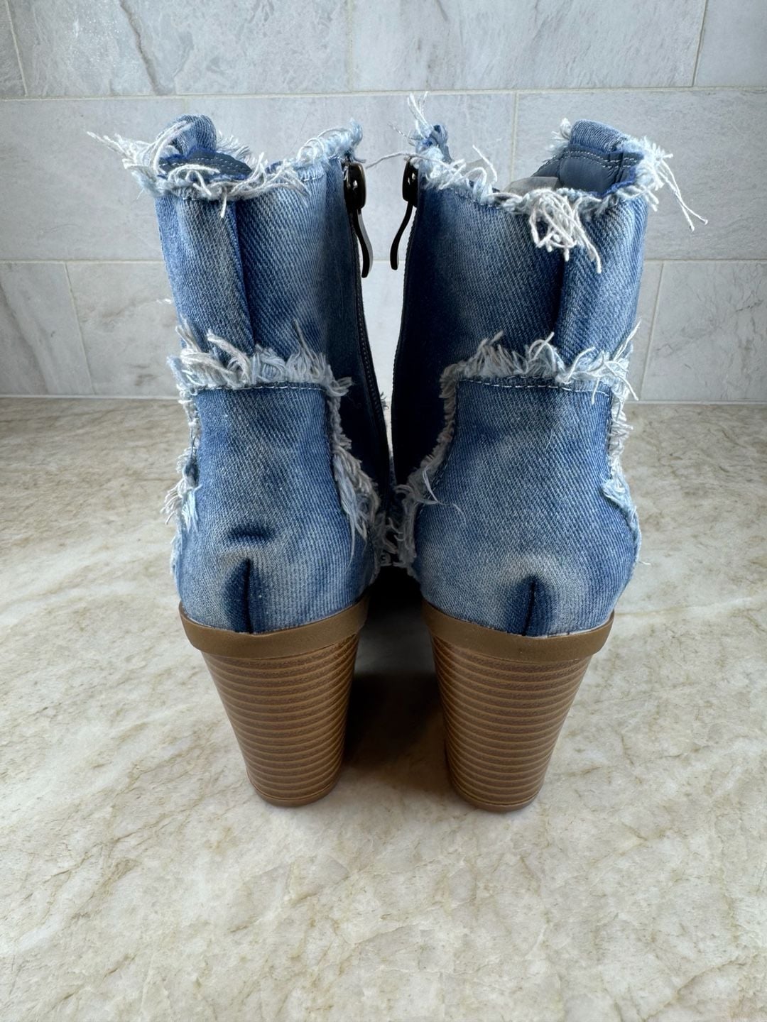 HGUIGJ Denim Western Ankle Boots Blue Frayed Pointed Toe Block Heel EU 39 10