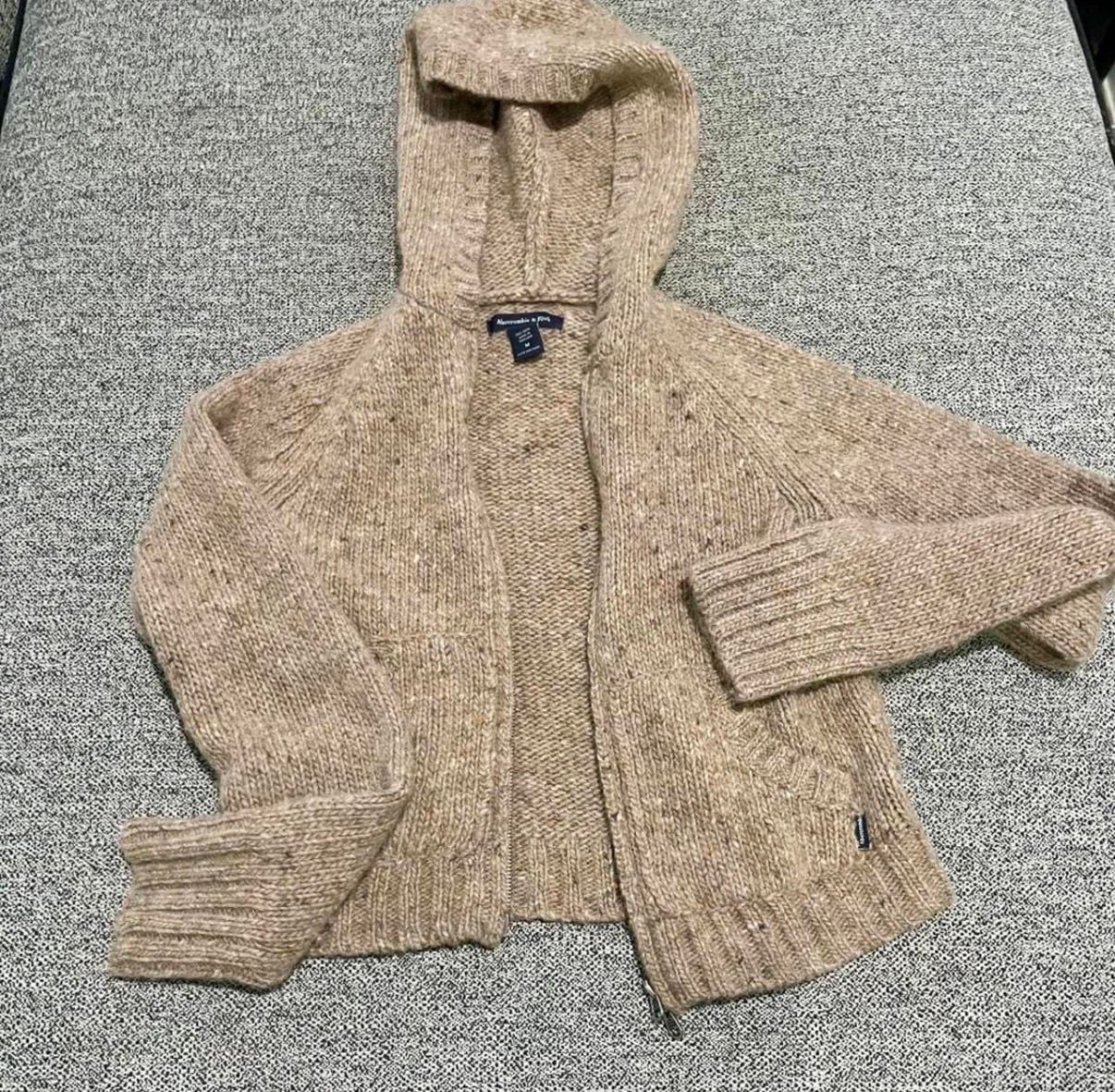 119-Abercrombie & Fitch Zip Hoodie Size M Beige Wool Blend Knit Sweater VNTG Y2K 4