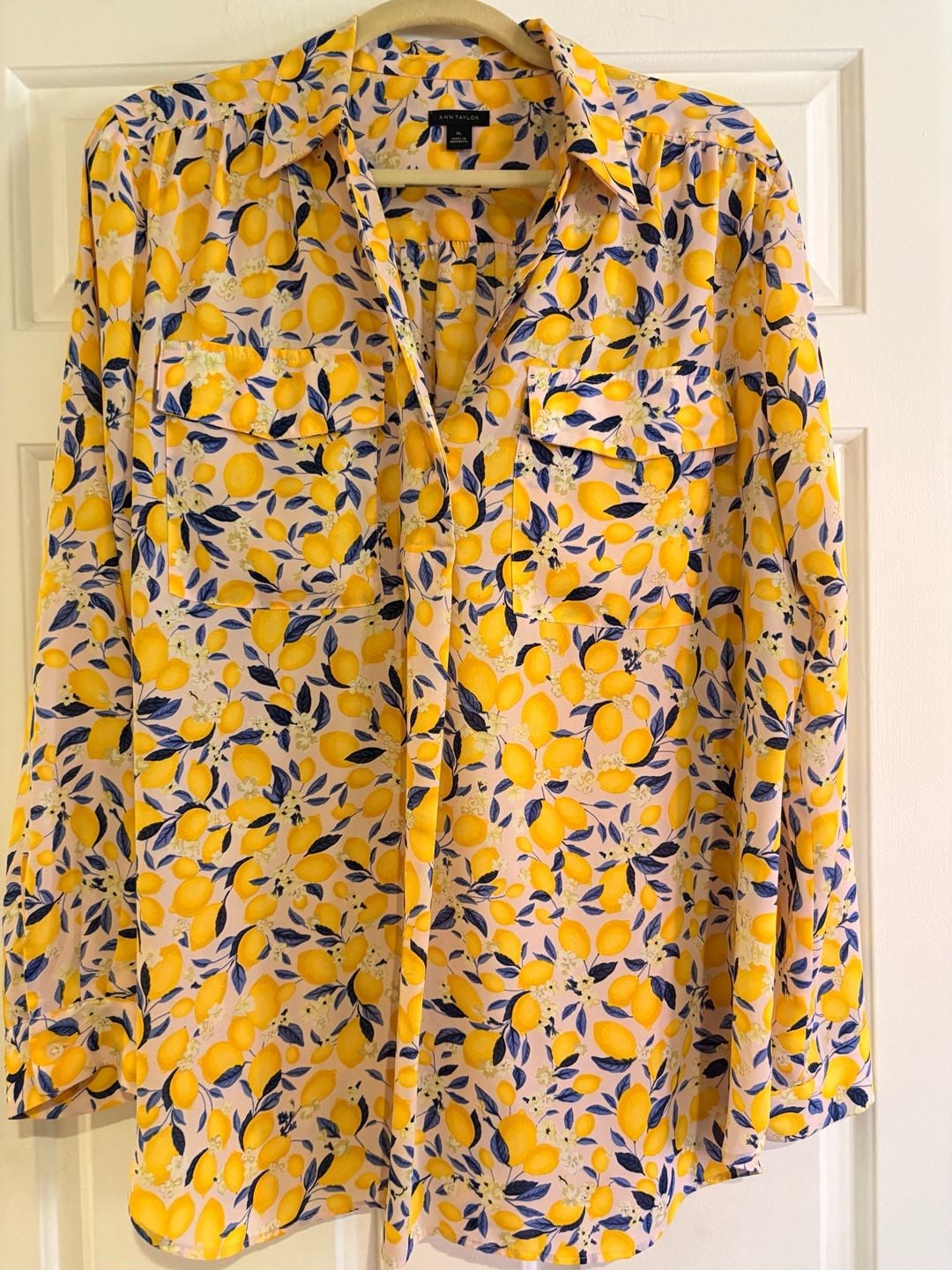 Ann Taylor Lemon Print Long Sleeve Blouse Size XL 2