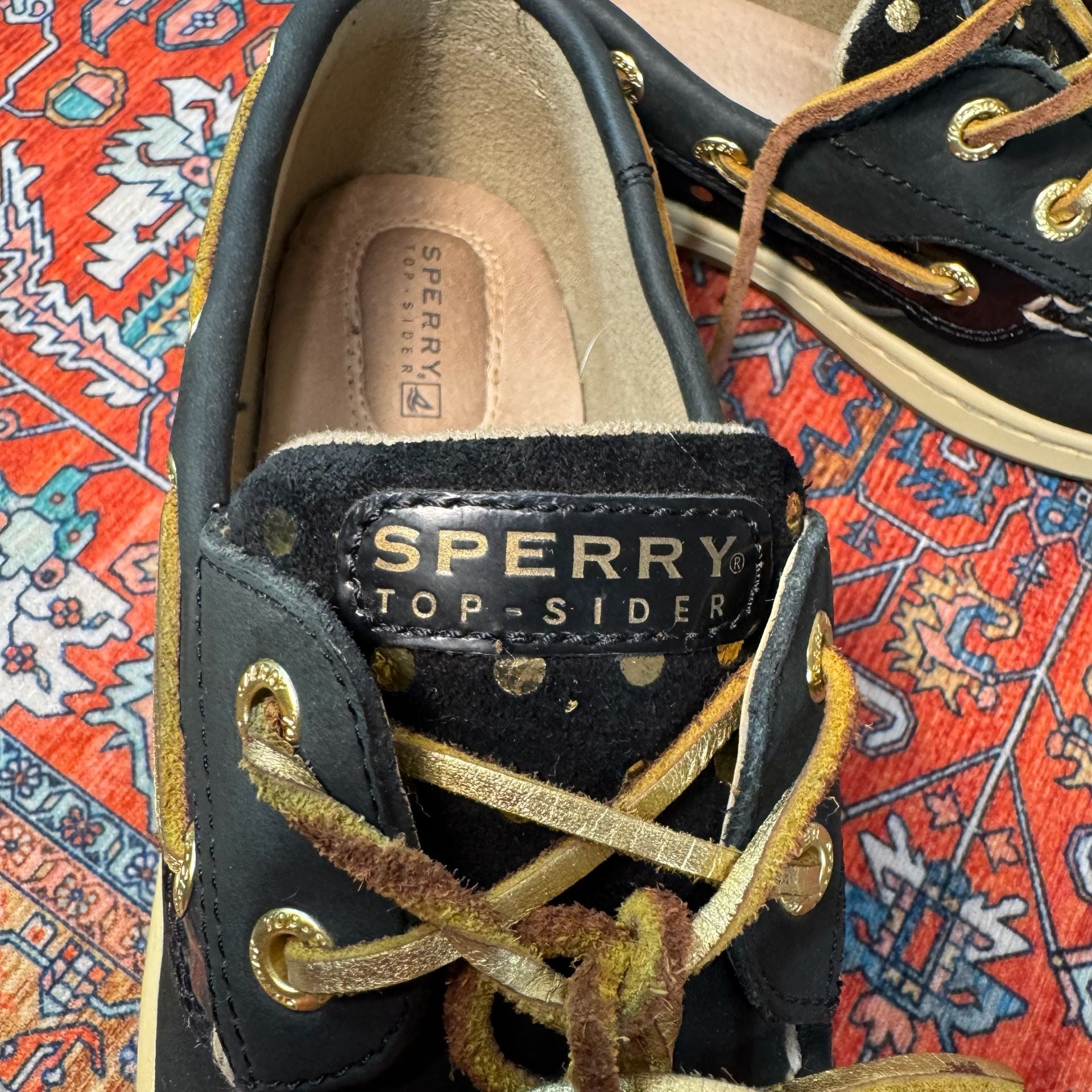 Sperry Top-Sider Women’s 7.5 Black Gold Leather Boat Shoes Polka Dot Metallic 3