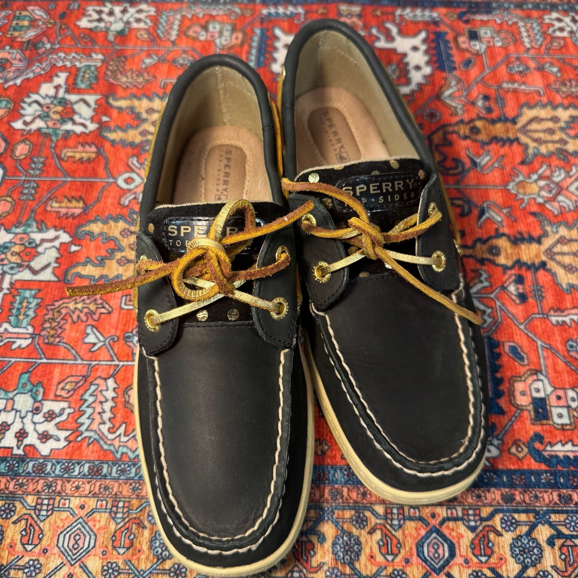 Sperry Top-Sider Women’s 7.5 Black Gold Leather Boat Shoes Polka Dot Metallic 5