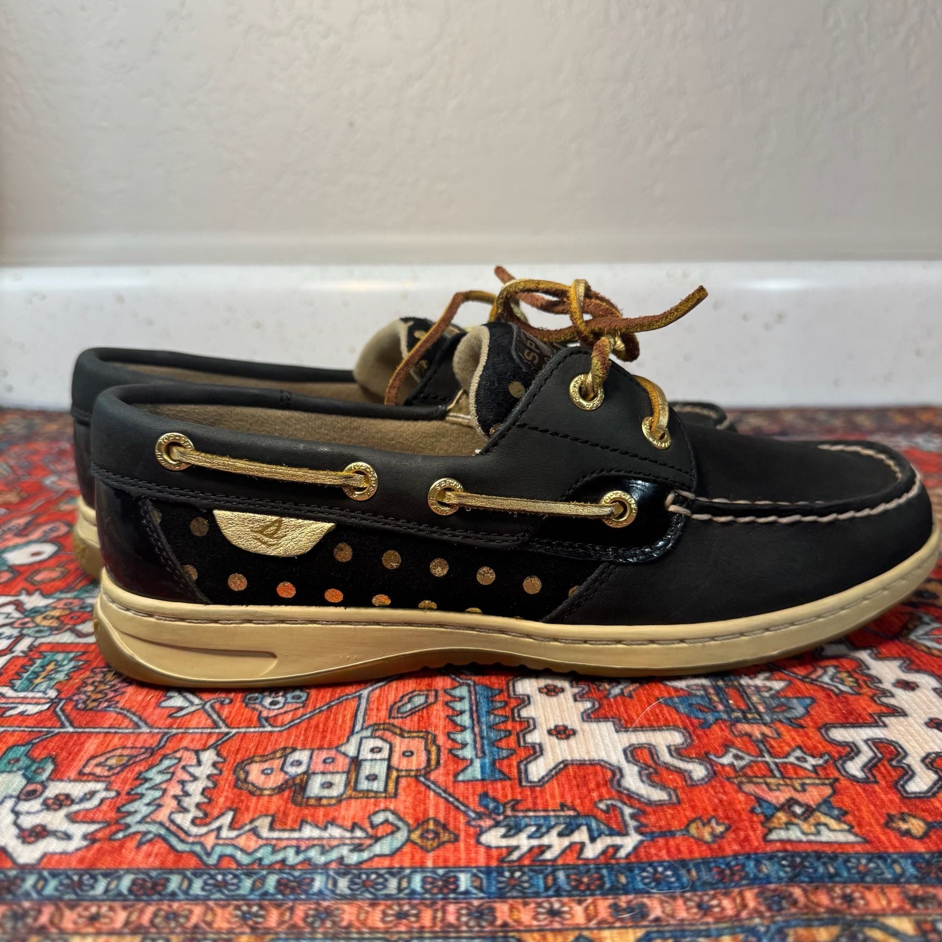 Sperry Top-Sider Women’s 7.5 Black Gold Leather Boat Shoes Polka Dot Metallic 6
