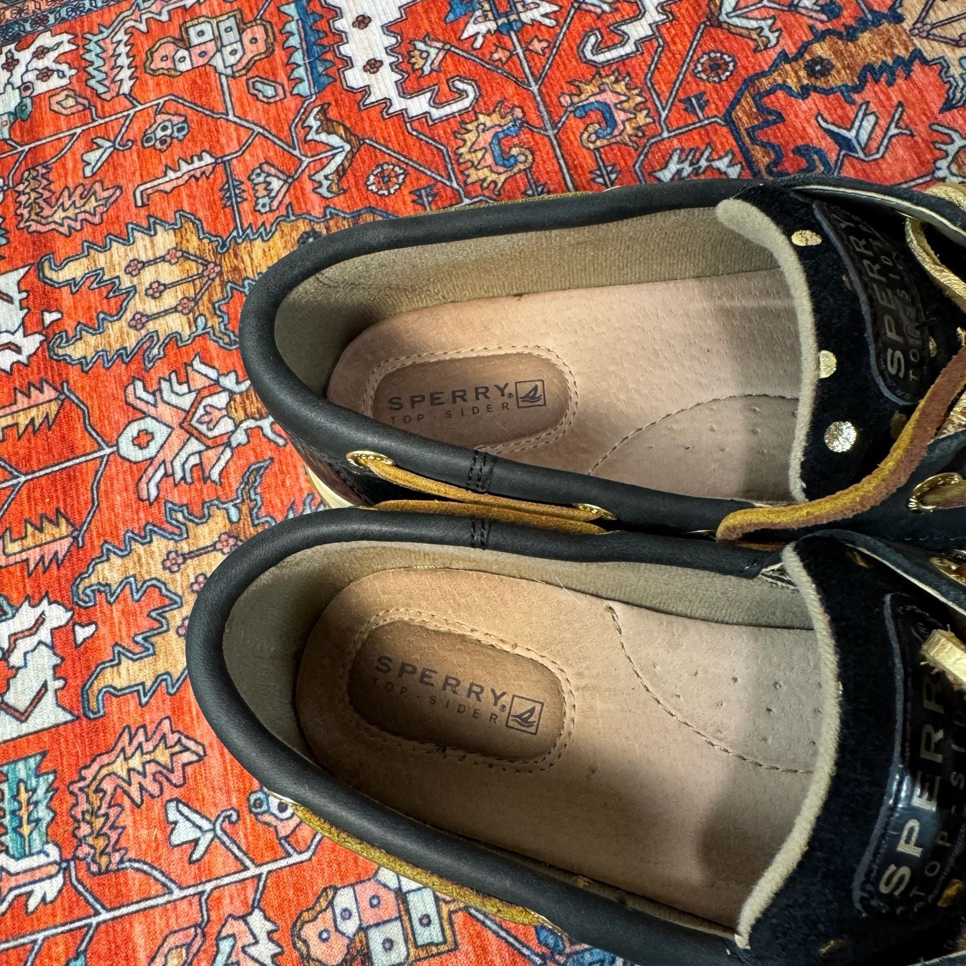 Sperry Top-Sider Women’s 7.5 Black Gold Leather Boat Shoes Polka Dot Metallic 7